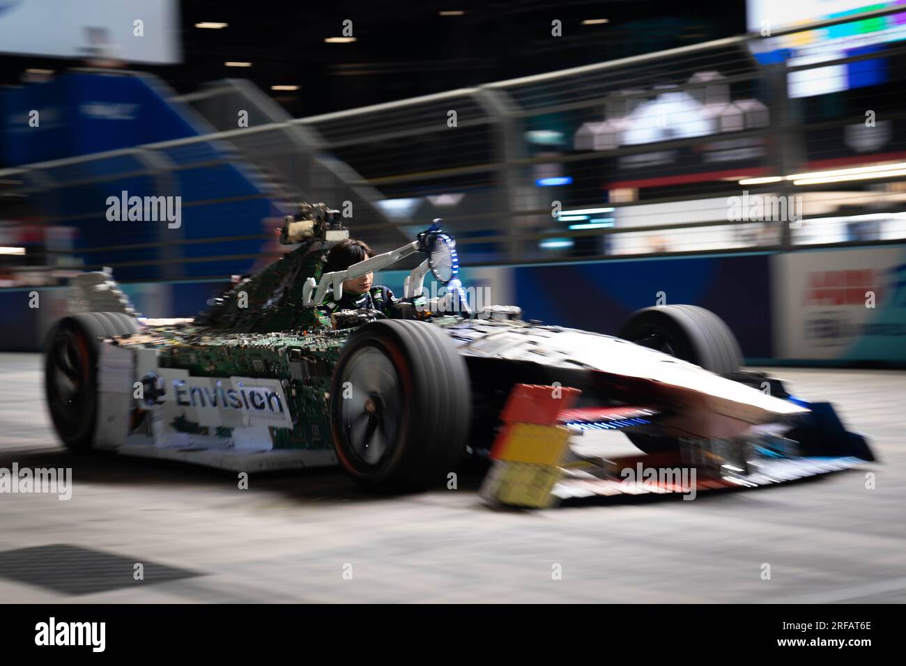 File photo dated 27/07/23 of An Envision Racing Forumla E car, named 'Recover-e' is driven by Aidan Gallagher, built entirely out of donated electronic products by the UK tech business, Music Magpie and school children. The US actor described the new Formula E racing car made out of e-waste as a 'beautiful piece of symbolism'. Issue date: Wednesday August 2, 2023. Stock Photo
