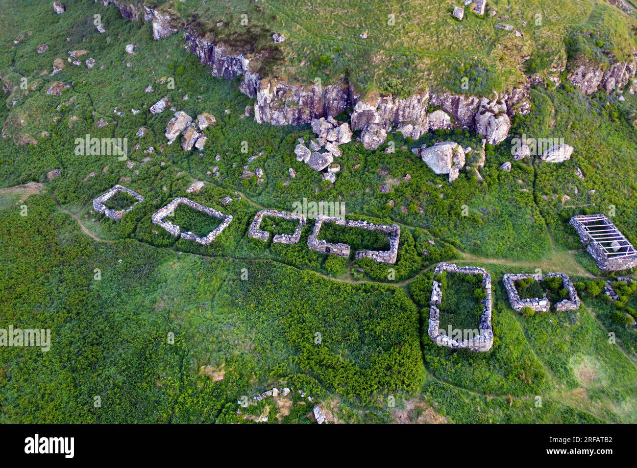 Aerial drone view of abandoned village,  a memory of life on the now uninhabited island of Lunga in the Treshnish Isles, Inner Hebrides, Scotland Stock Photo