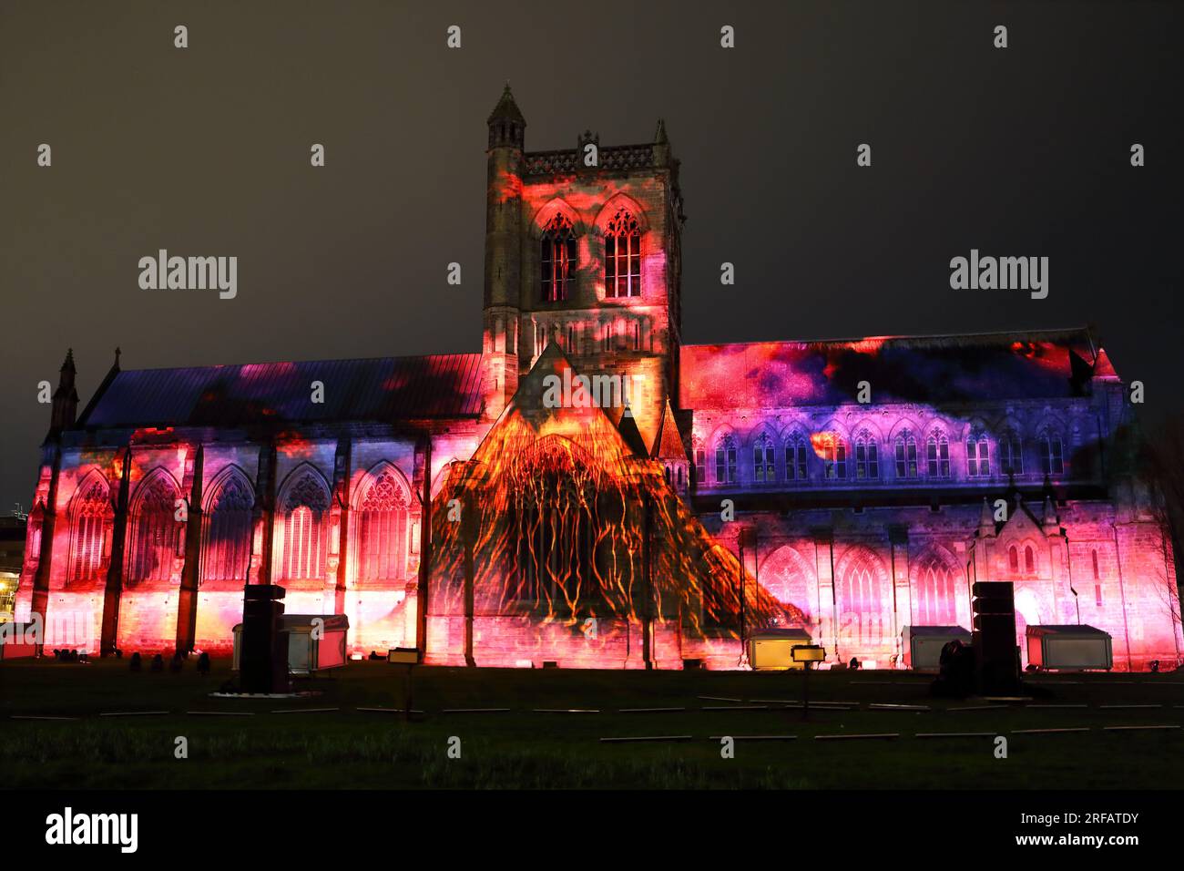 About Us Light Show at Paisley Abbey, Renfrewshire, Scotland showcasing 13.8 billion years of history Stock Photo