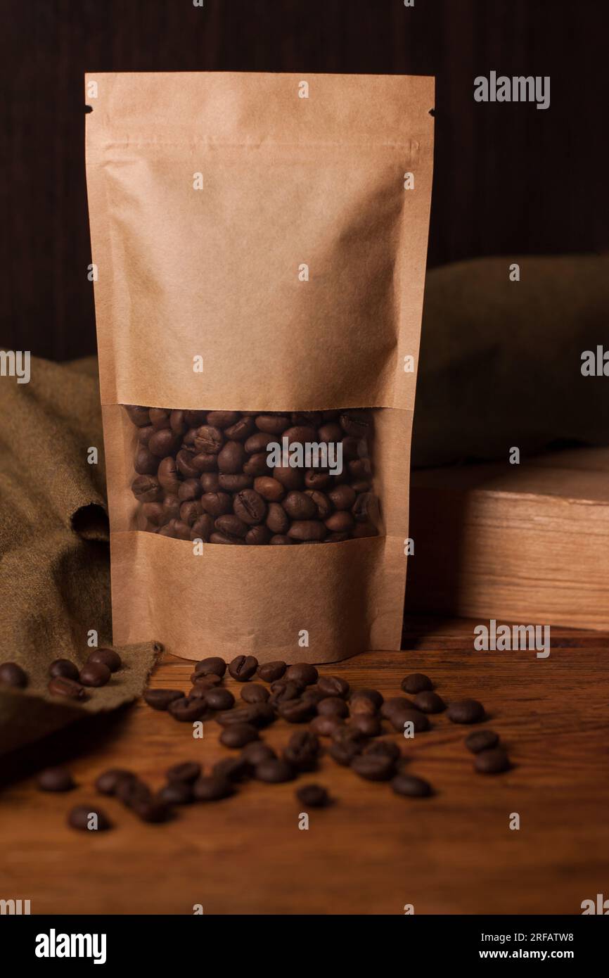 Blank brown kraft paper pouch bag coffee beans with transparent window ...
