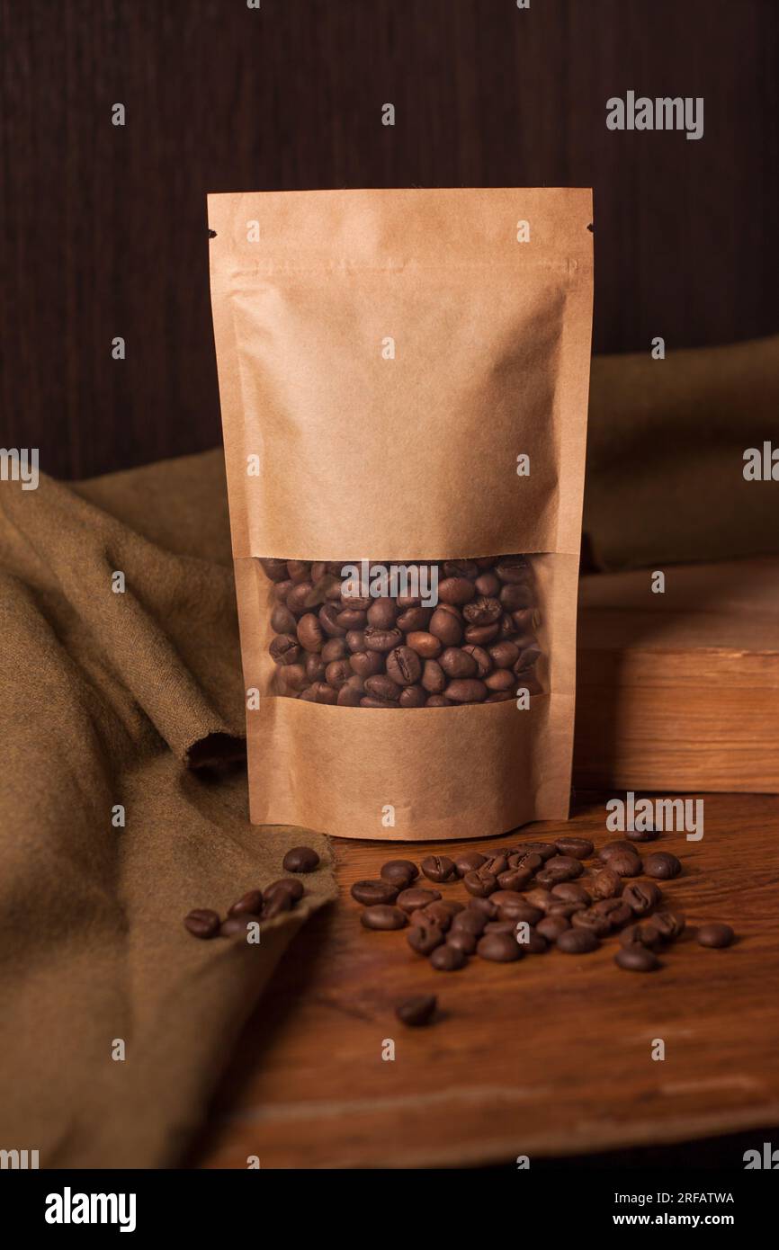 Blank brown kraft paper pouch bag coffee beans with transparent window ...