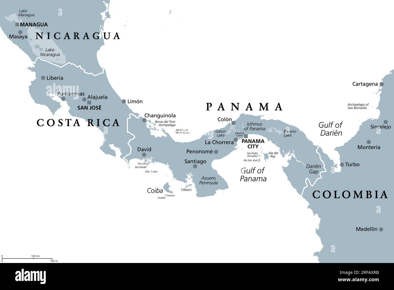 Costa Rica and Panama, gray political map, with Isthmus of Panama and Darien Gap. Narrow strip of land and region between Caribbean Sea and Pacific. Stock Photo