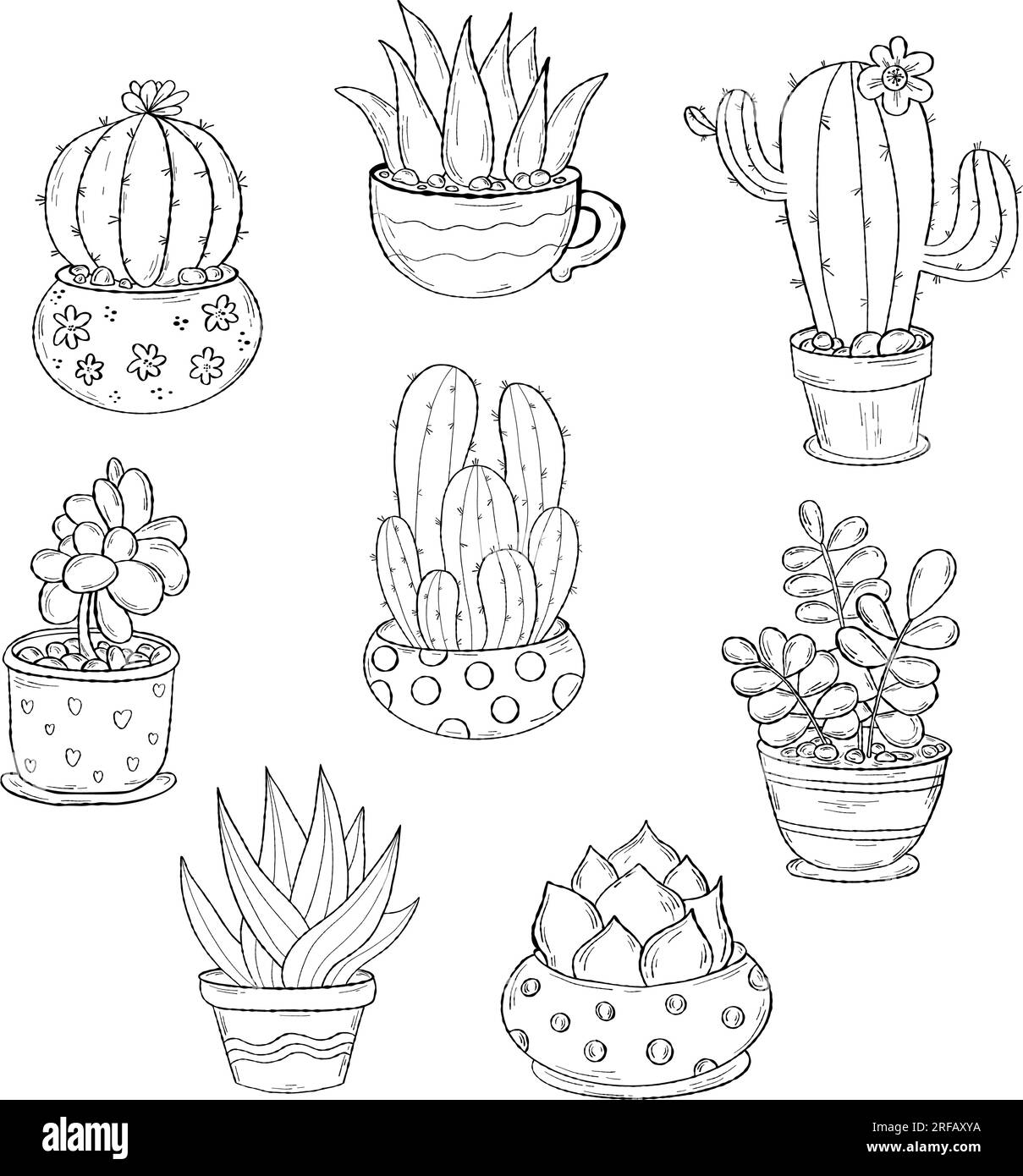 Collection outline tropical houseplant cactus flowerpots. Vector illustration. Isolated linear hand drawings indoor plants in pots for design and deco Stock Vector