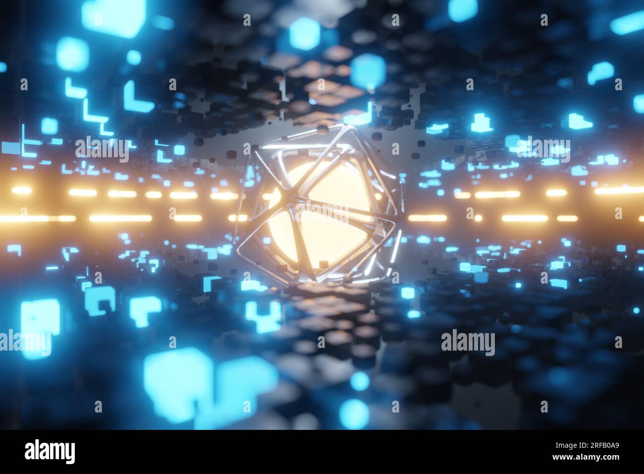 Abstract background, soft focus. A fantastic sphere of metal hexagons in the center. Abstract illustration. The idea of energy, the core of cosmic for Stock Photo