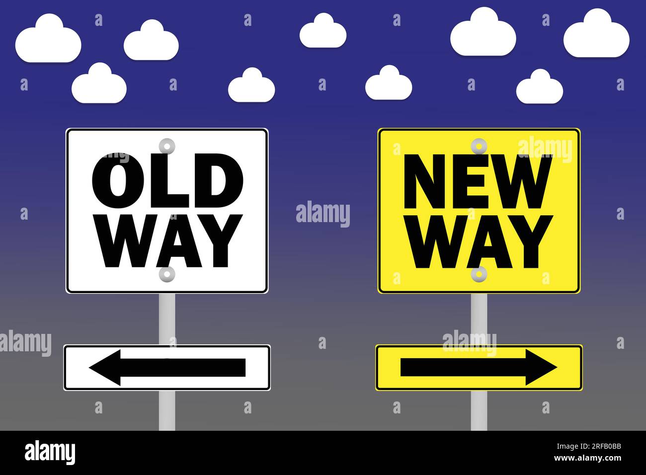 Old way versus New way road sign. Directional road. Crossroads Road Sign, Two Arrow. Blue and gray background. Vector illustration clouds Stock Vector