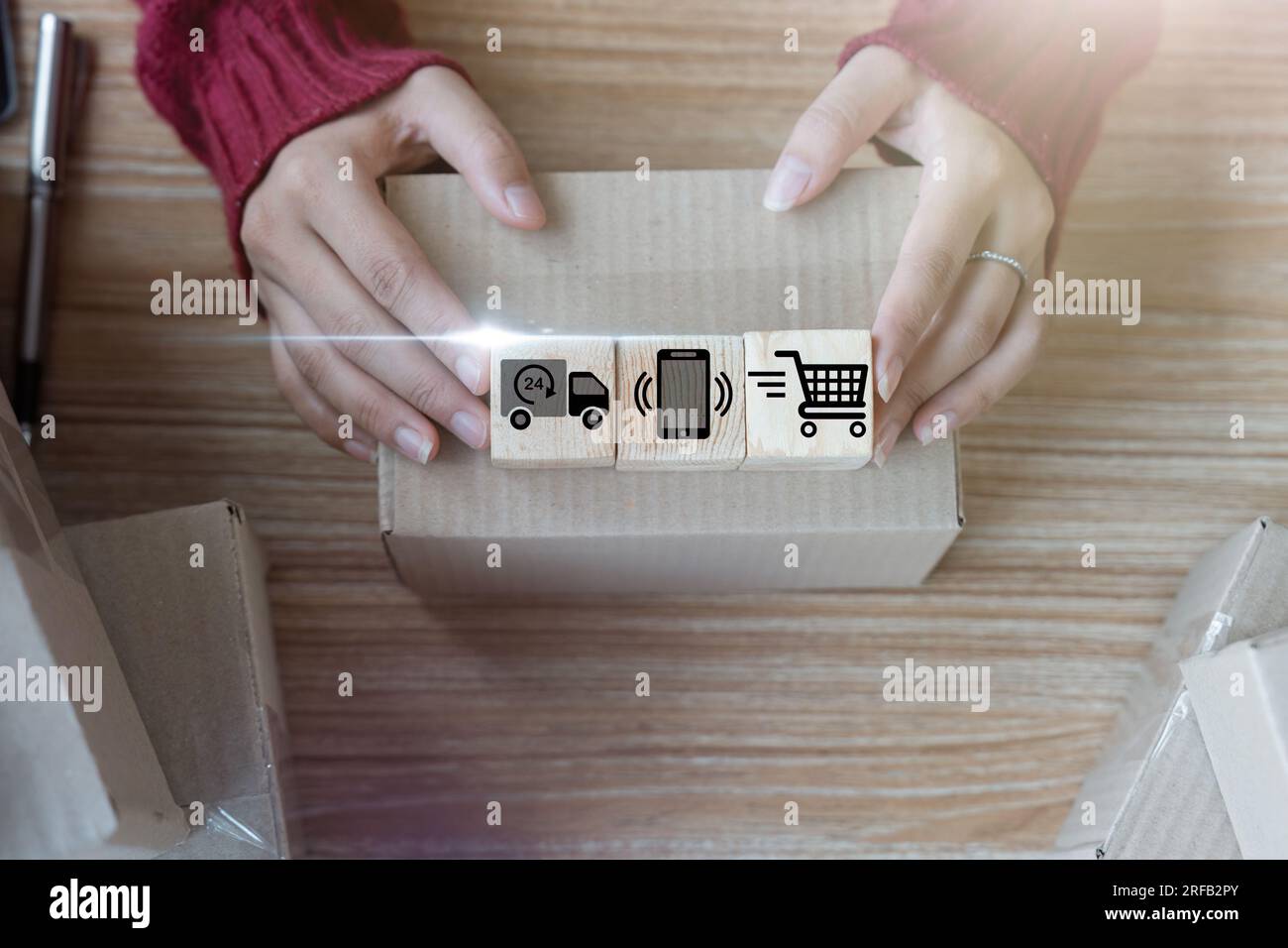 Hand arranging wood block with icon business strategy and business ...