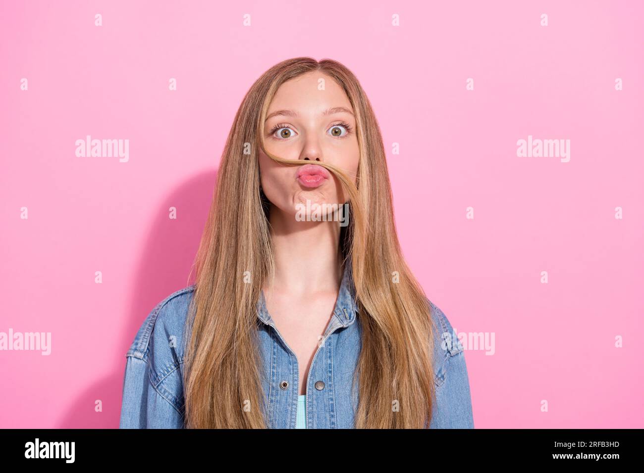 Photo portrait of lovely teen young lady fake mustache strand hair