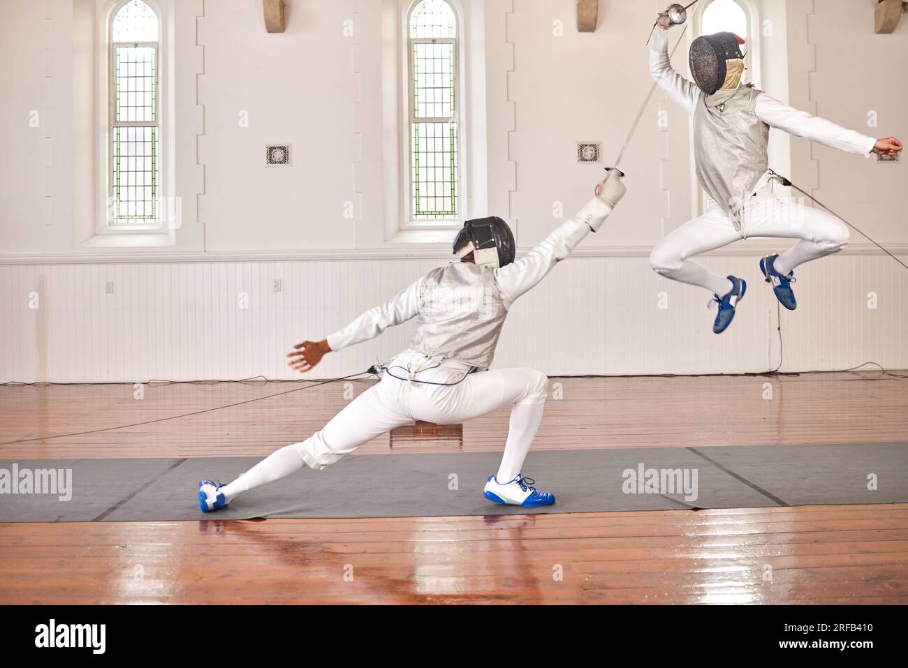 Fencing, exercise and people fight, jump and training, fitness or