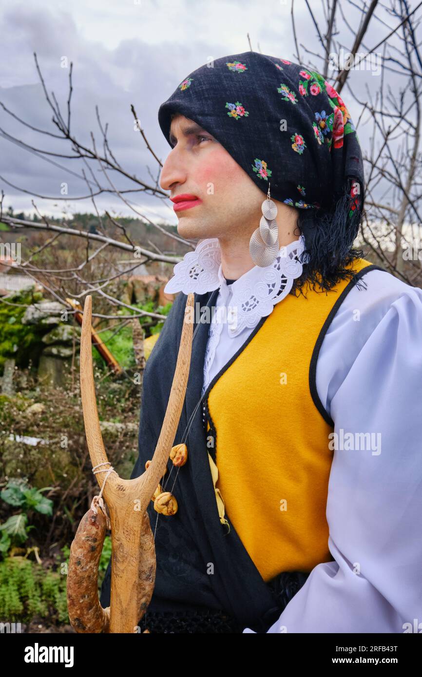 The 'Velha', character of the Winter Solstice Festivities in Constantim, is always represented by a man. Miranda do Douro, Tras-os-Montes. Portugal Stock Photo