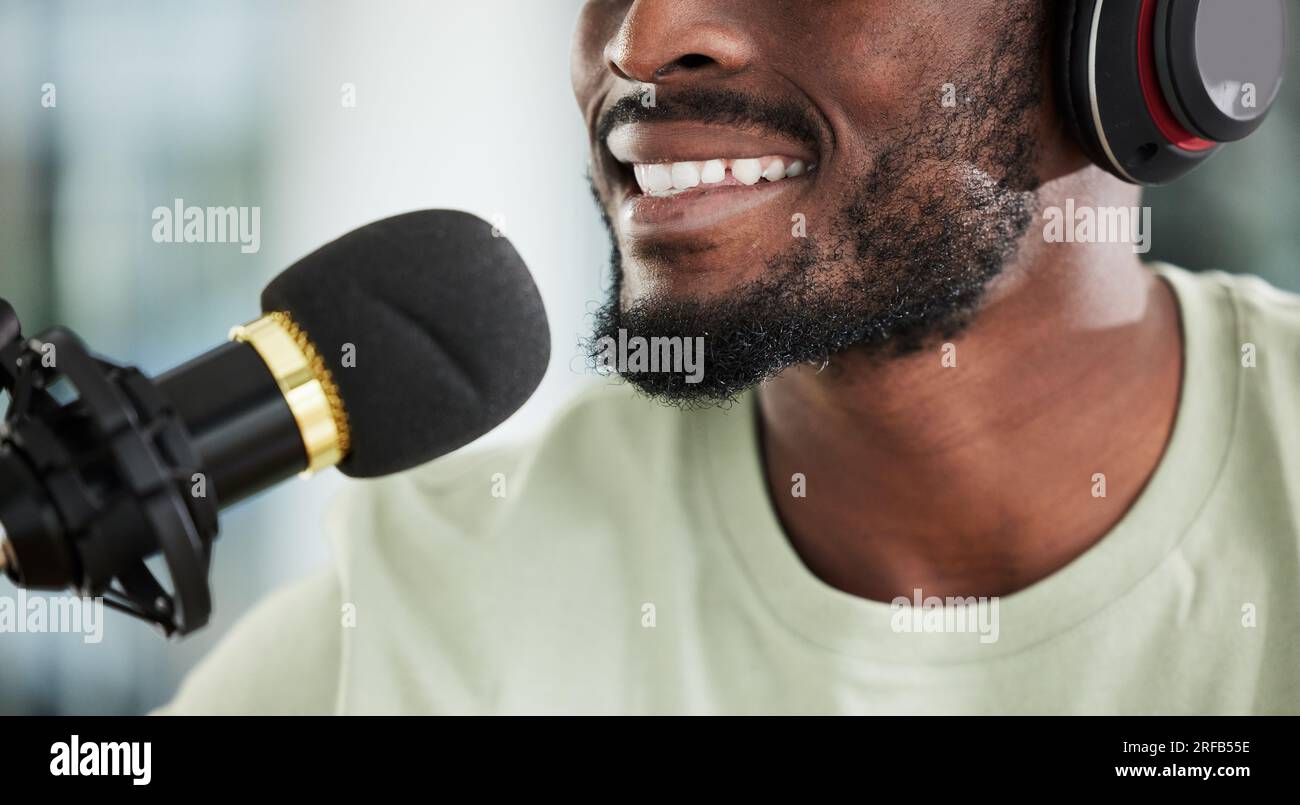 Microphone, headphones and man on podcast, closeup and media broadcast with web radio host