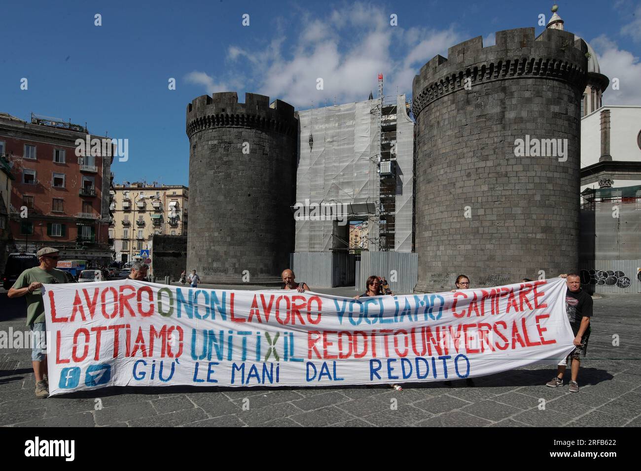 Naples, Italy. 02nd Aug, 2023. The demonstration that took place in Naples for the suspension of the basic income by the government, stopping first at the headquarters of the Fratelli di Italia party and then at the INPS headquarters Credit: Independent Photo Agency/Alamy Live News Stock Photo