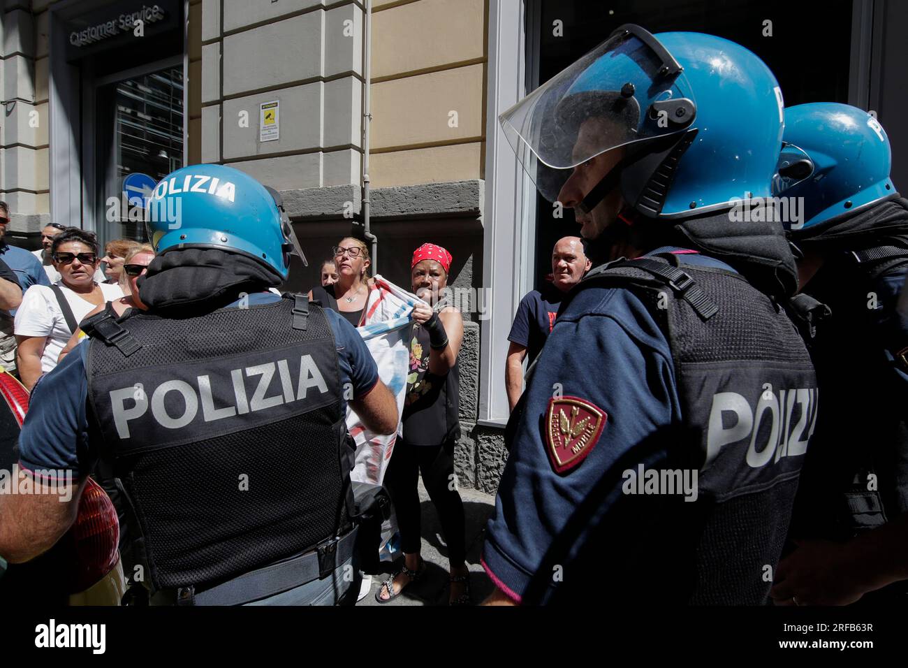 Naples, Italy. 02nd Aug, 2023. The demonstration that took place in Naples for the suspension of the basic income by the government, stopping first at the headquarters of the Fratelli di Italia party and then at the INPS headquarters Credit: Independent Photo Agency/Alamy Live News Stock Photo