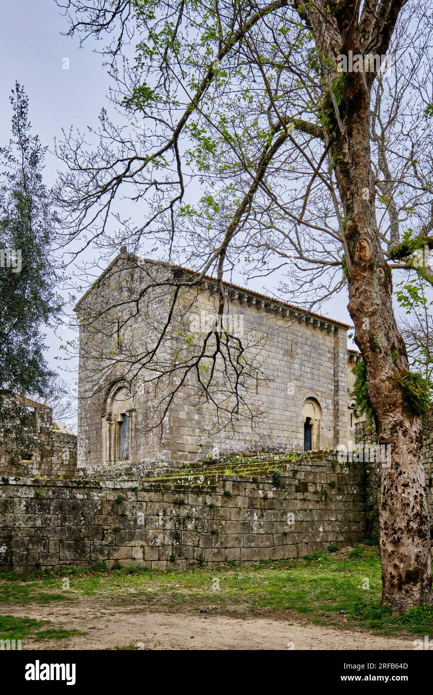 Romanic church dating back to 604 A.D. . Benedictine Monastery of Sanfins de Friestas, 12th century, Valenca do Minho. Alto Minho, Portugal Stock Photo