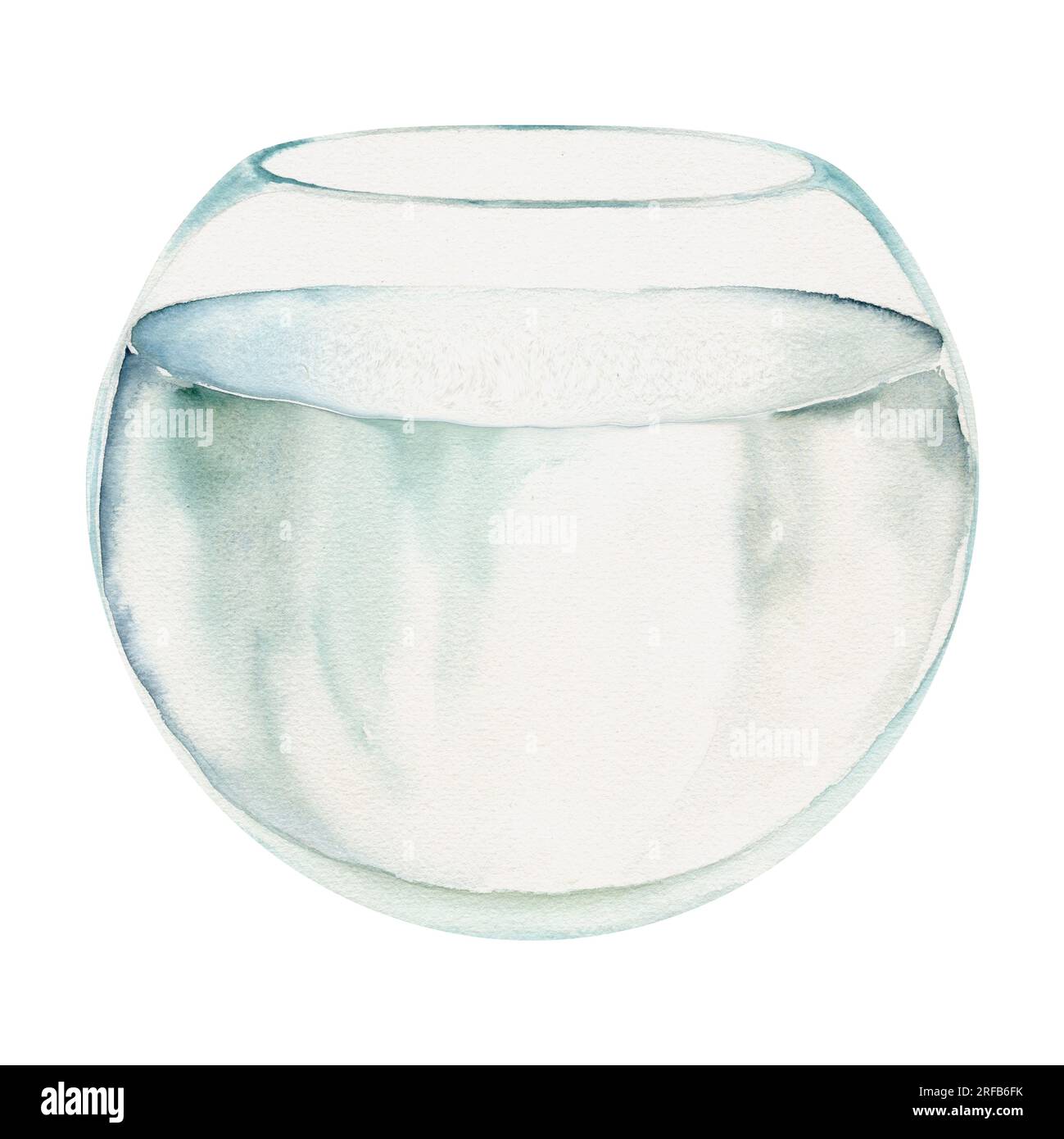 Hand drawn watercolor aquarium glass fishtank round bowl filled with
