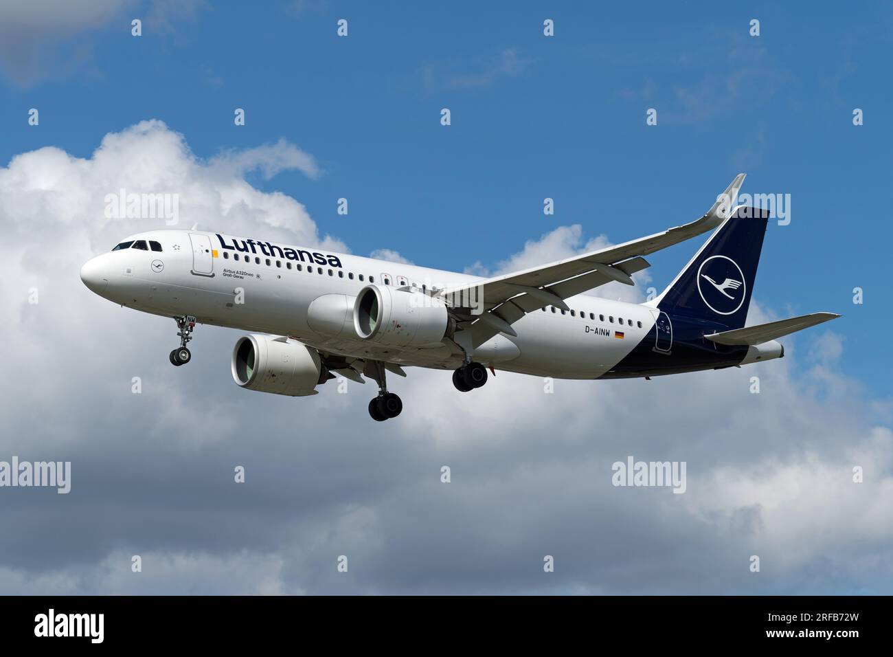 Lufthansa Airbus A320 neo new livery plane landing at London's Heathrow Airport. London - 1st August 2023 Stock Photo