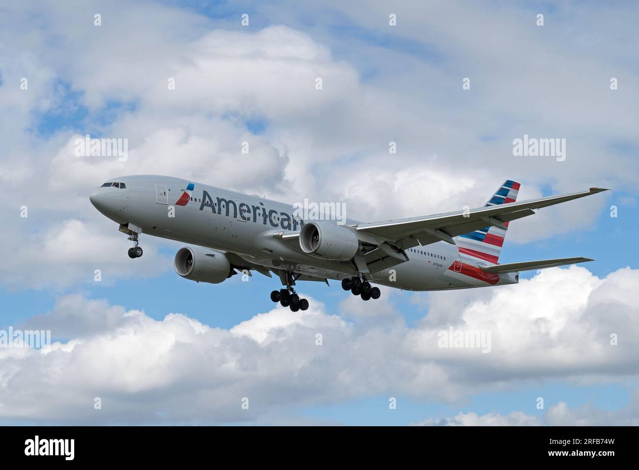 American Airlines Boeing 777 landing at London's Heathrow Airport