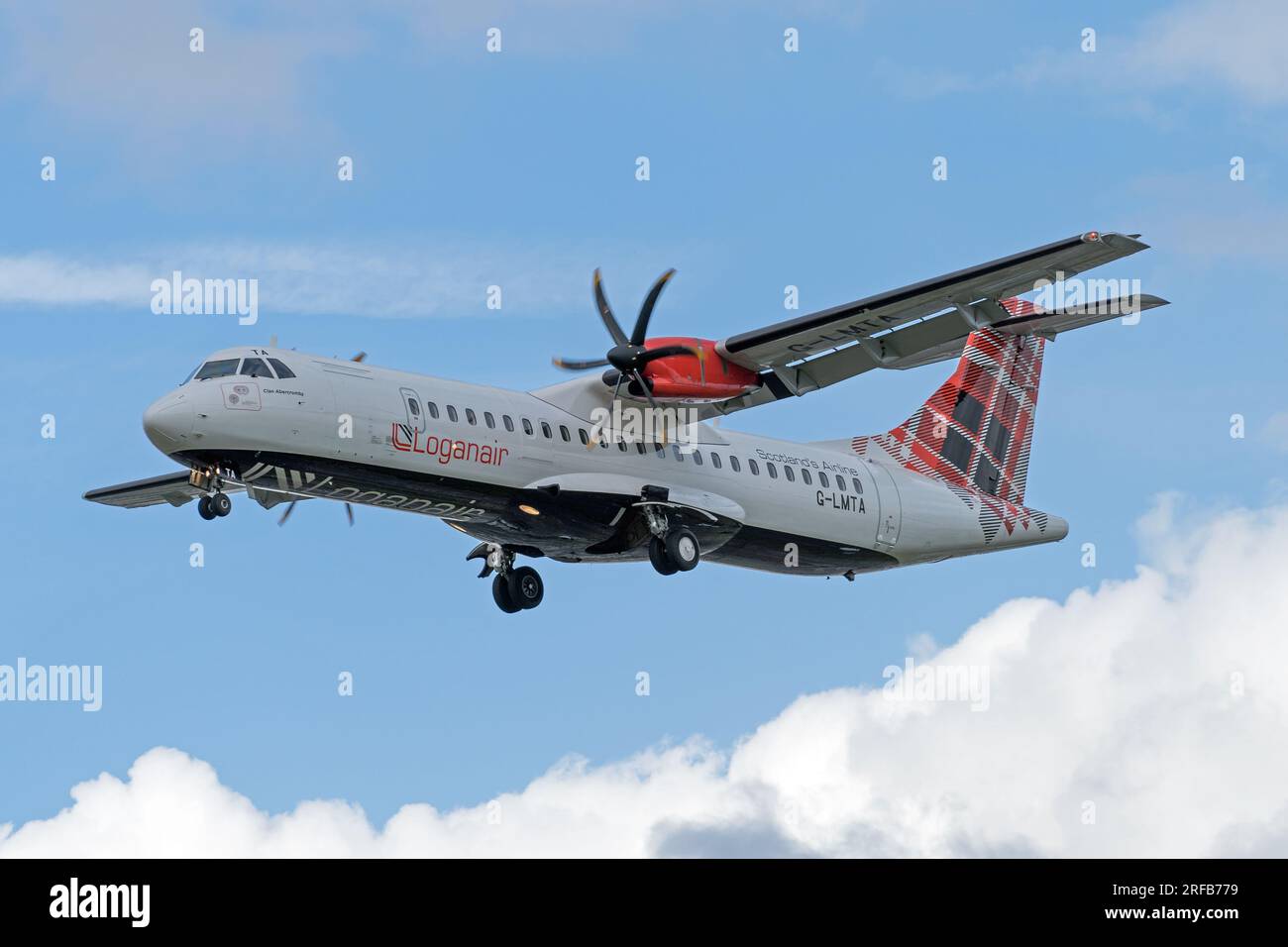 Loganair propeller plane landing at London's Heathrow Airport. London 1st August 2023 Stock