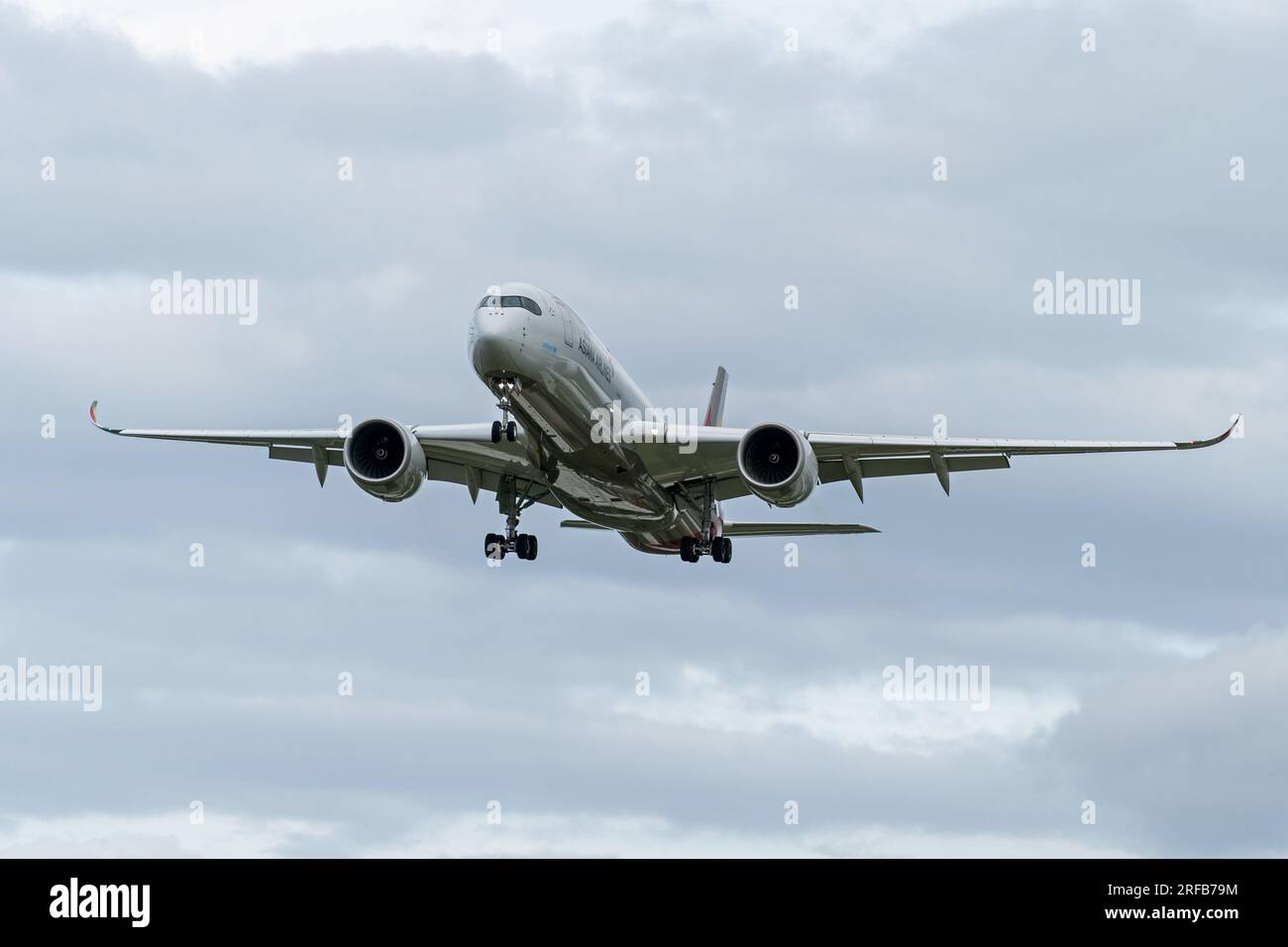 Asiana Airlines landing at London's Heathrow Airport. London - 1st August 2023 Stock Photo