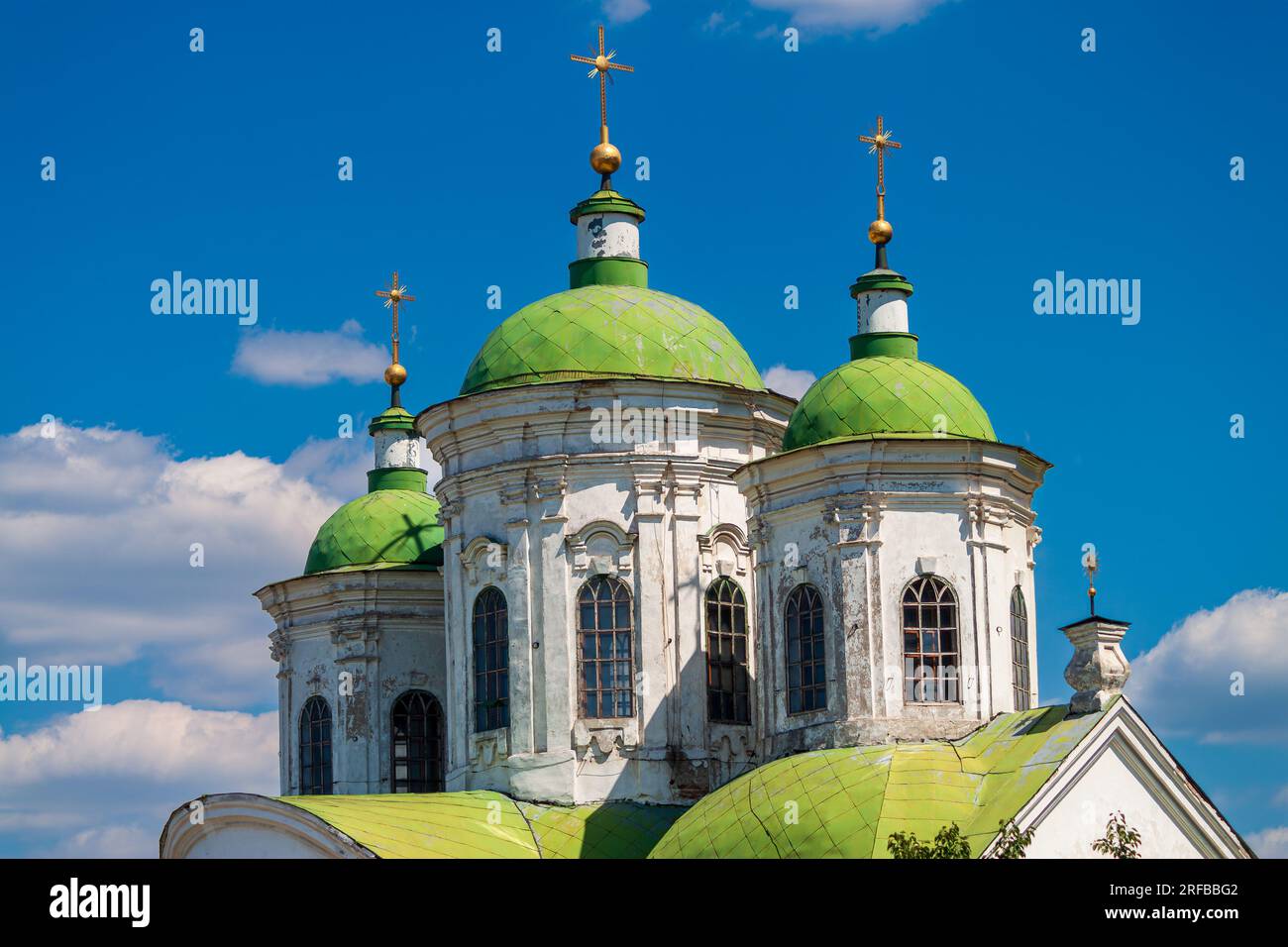 Ascension Florovsky Convent in Kyiv. Green domes Stock Photo