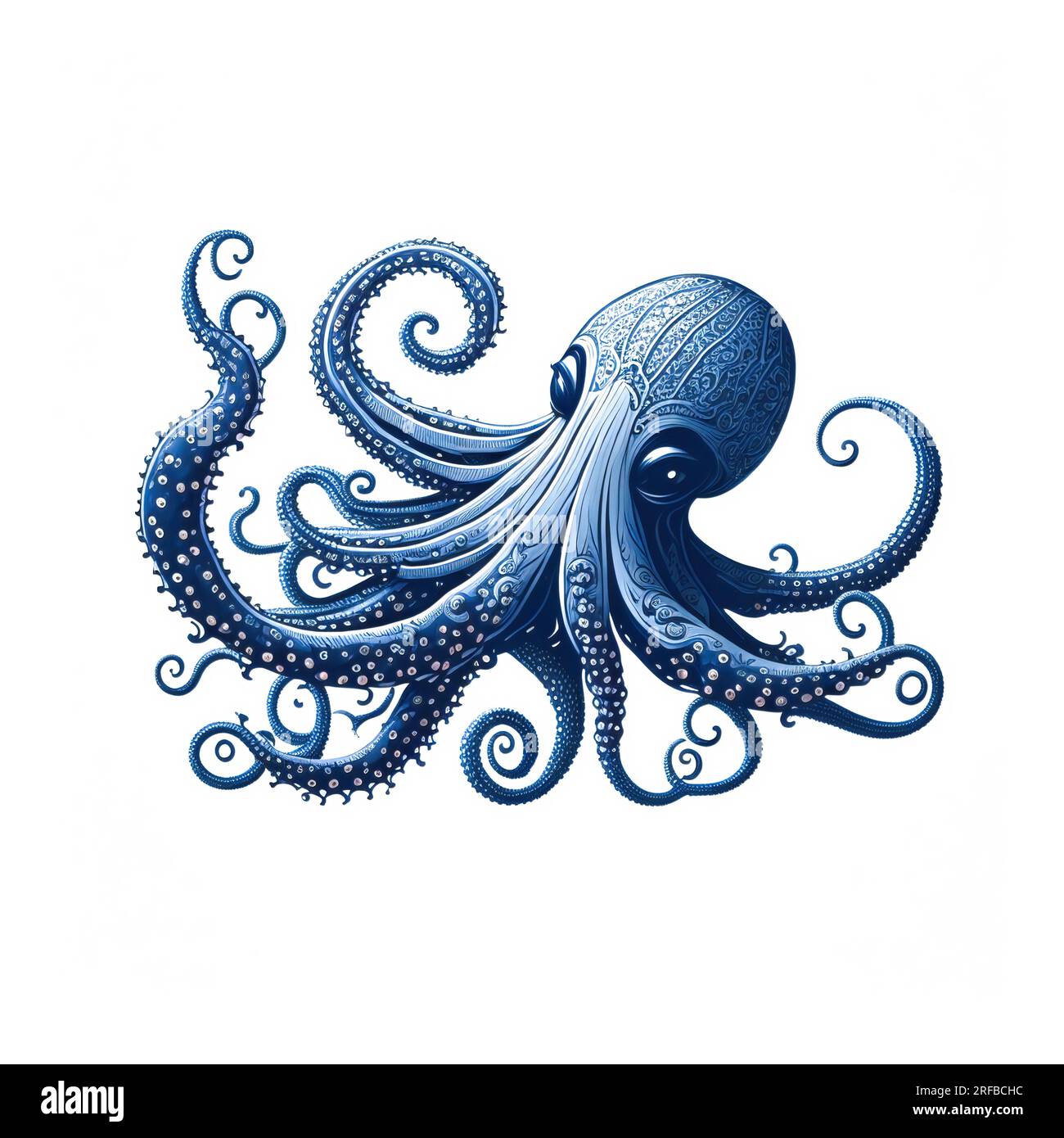 Digital Illustration Of A Blue Octopus, Isolated On White Background