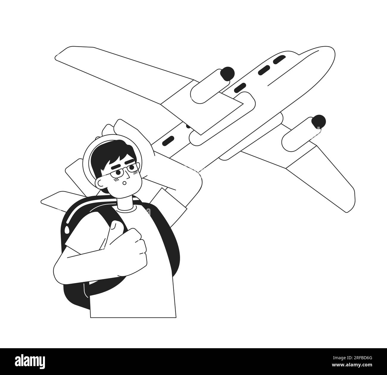 Excited man looking on flying plane monochrome concept vector spot illustration Stock Vector