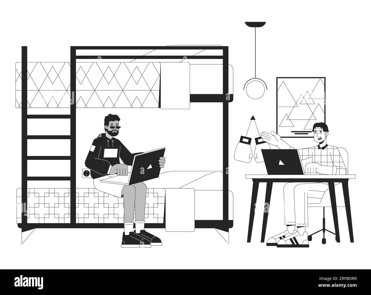 Dorm roommates studying together bw vector spot illustration stock