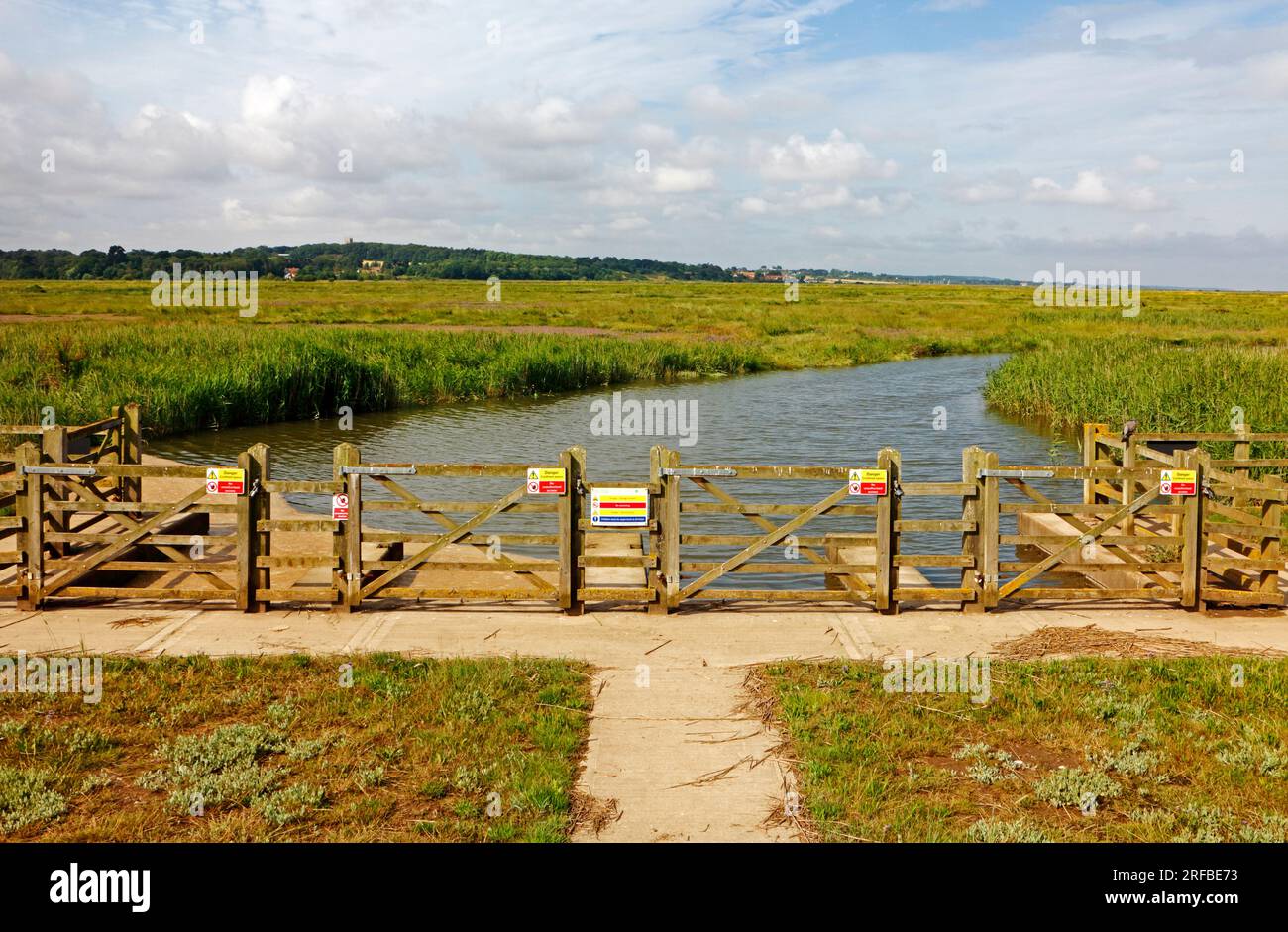 New Cut and sluices at the west of Cley Marshes Nature Reserve to allow for rapid floodwater evacuation at Cley Next the Sea, Norfolk, England, UK. Stock Photo