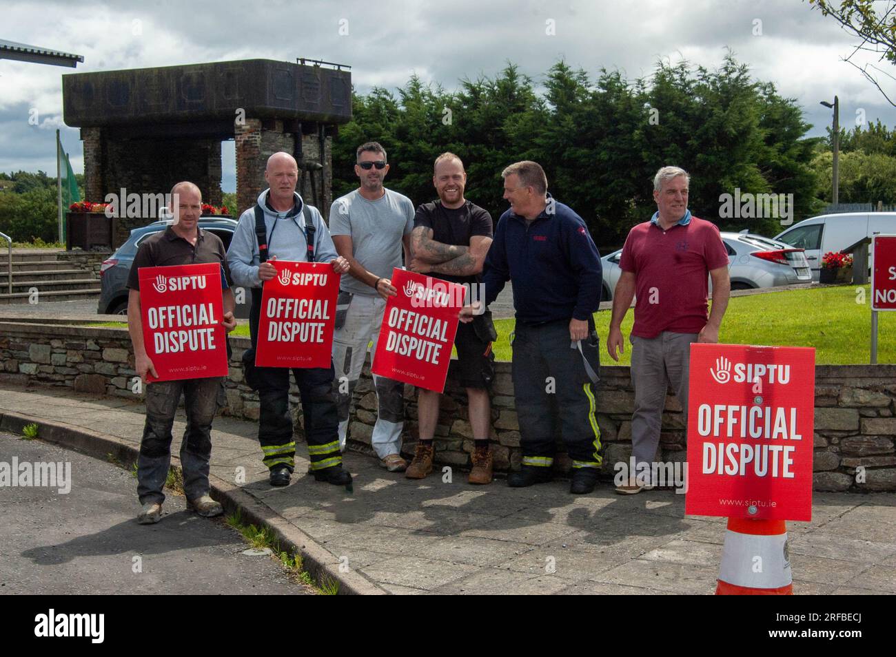 Skibbereen, West Cork, Ireland Wednesday 2 Aug 2023; Retained Firefighters were back on strike today over pay and conditions. The crews, who are called by pager the country, went back on the picket line after SIPTU retained firefighters rejected the recent recommendations by the Workplace Relations Commission. Members of Skibbereen Fire Brigade man the picket line outside their Station on Marsh Road. Credit; ED/Alamy Live News Stock Photo