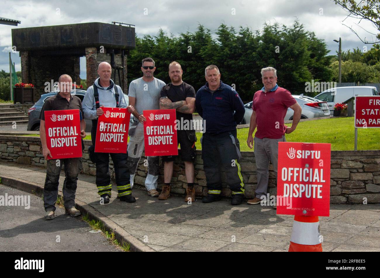 Skibbereen, West Cork, Ireland Wednesday 2 Aug 2023; Retained Firefighters were back on strike today over pay and conditions. The crews, who are called by pager the country, went back on the picket line after SIPTU retained firefighters rejected the recent recommendations by the Workplace Relations Commission. Members of Skibbereen Fire Brigade man the picket line outside their Station on Marsh Road. Credit; ED/Alamy Live News Stock Photo
