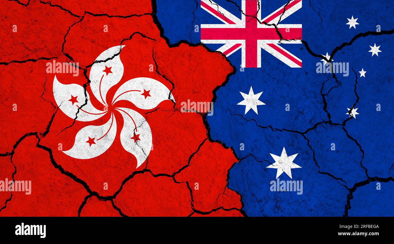 Flags of Hong Kong and Australia on cracked surface - politics, relationship concept Stock Photo