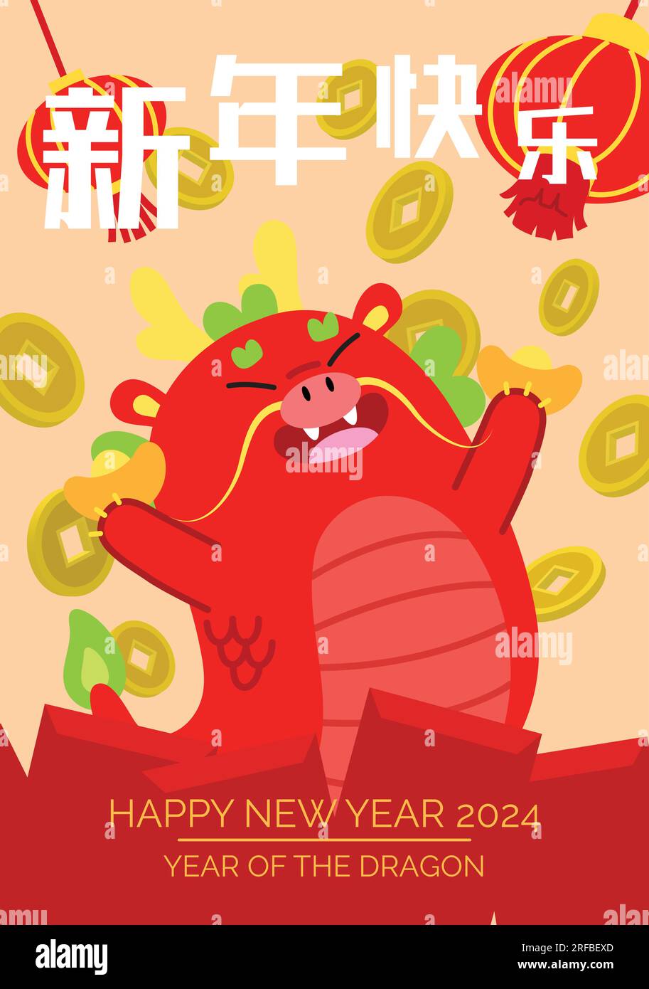 Cute cartoon zodiac dragon smiling with luck money and red envelopes