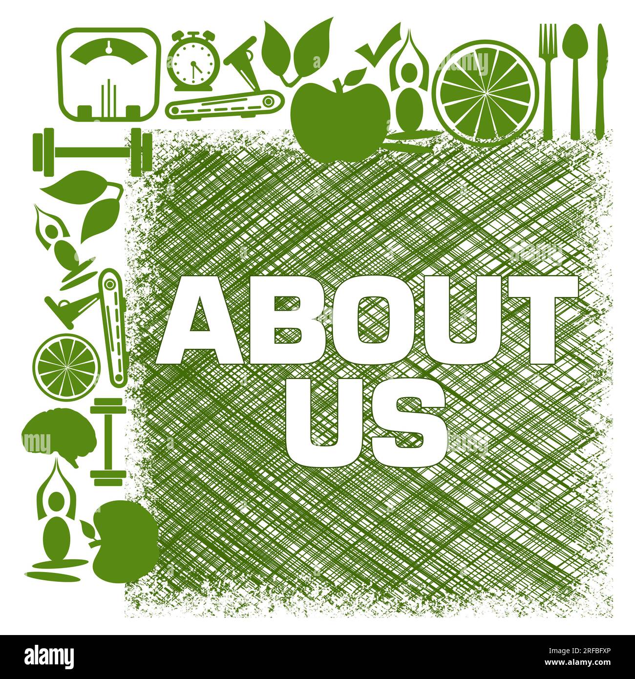 About us health symbols green square cross hatch lines text stock photo