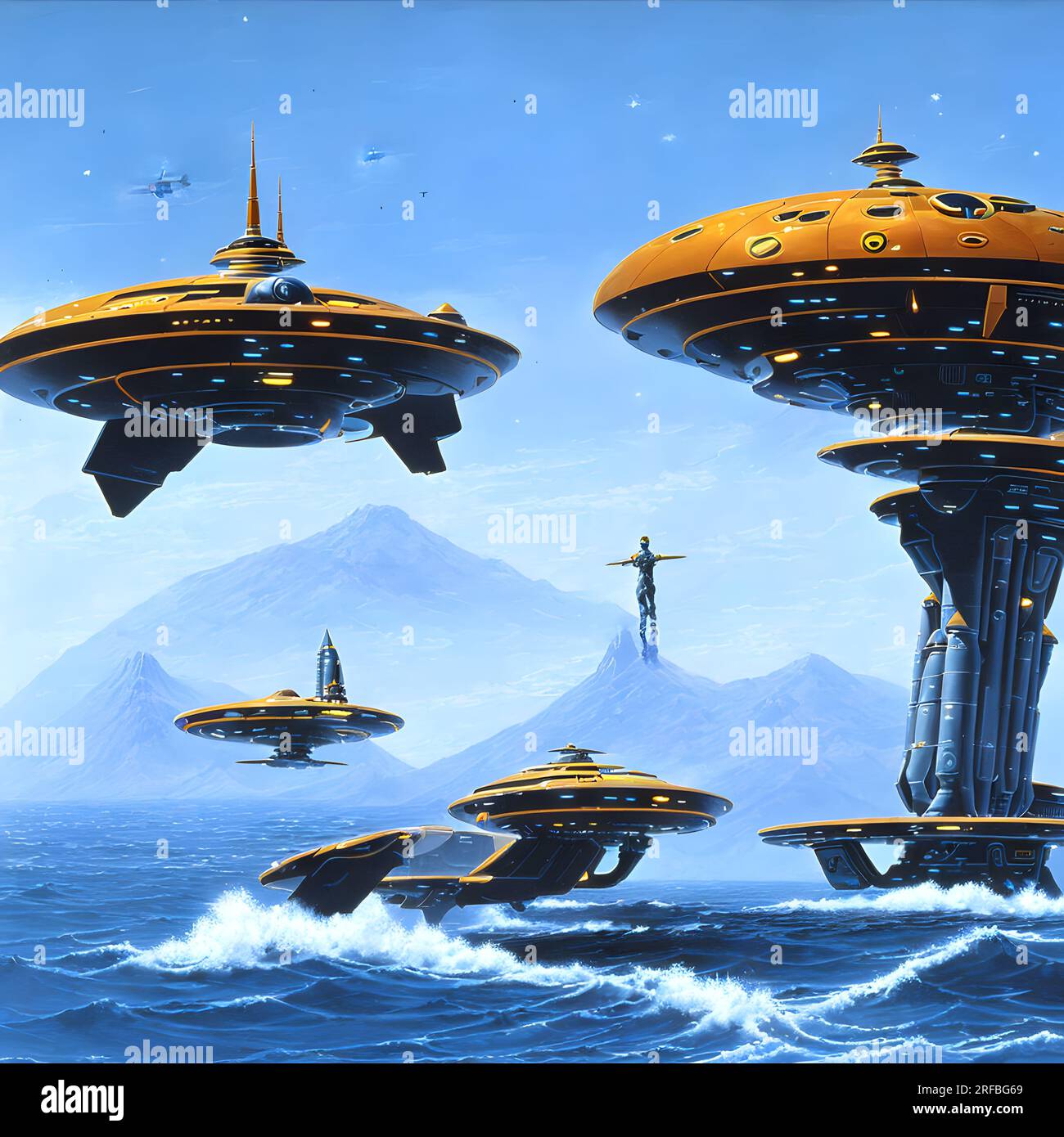 Futuristic spaceships float in the water and fly away Stock Photo - Alamy