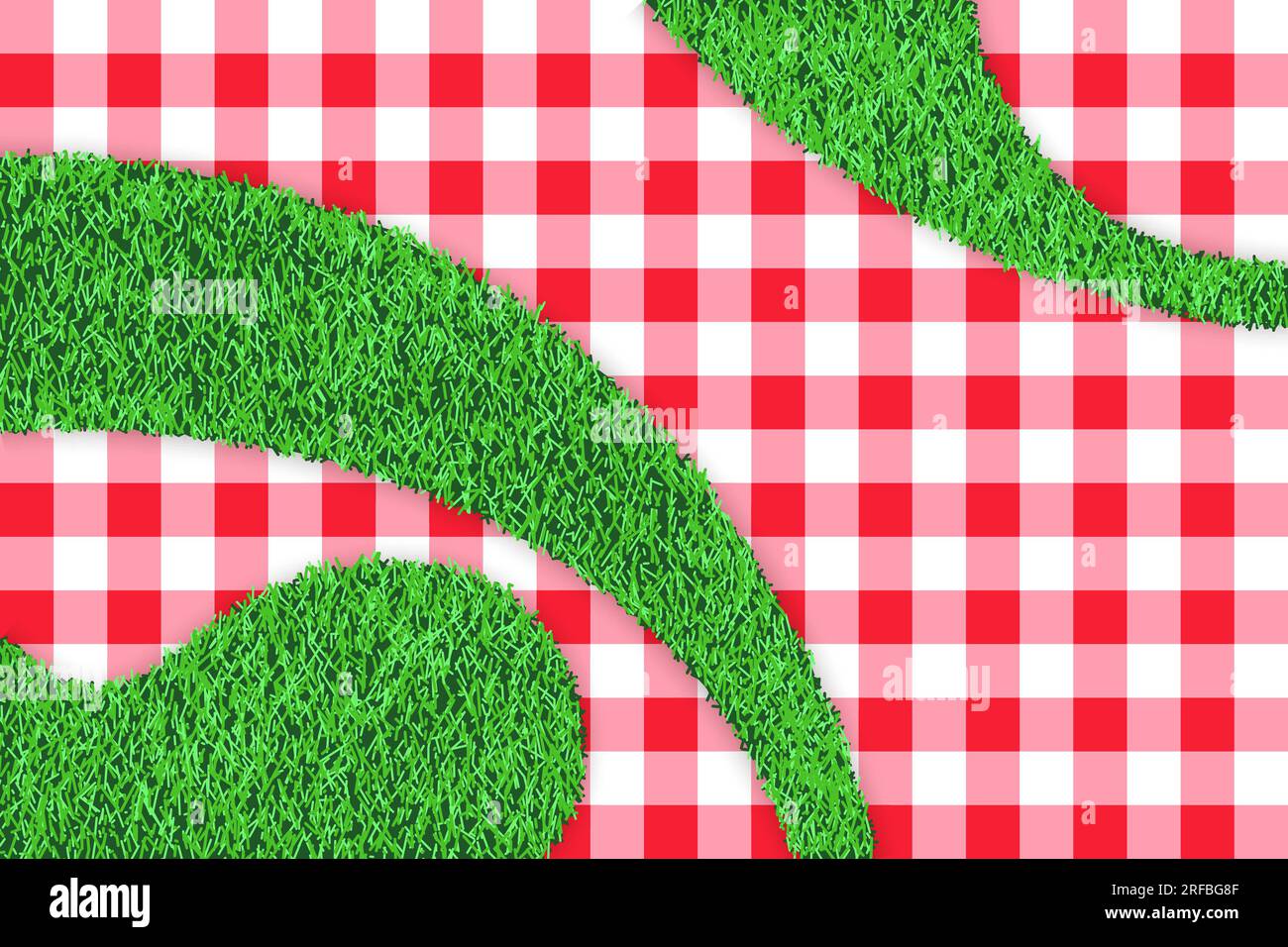 Realistic red gingham plaid and green grass abstract empty background with place for text. Vector picnic poster design template. Horizontal banner wit Stock Vector