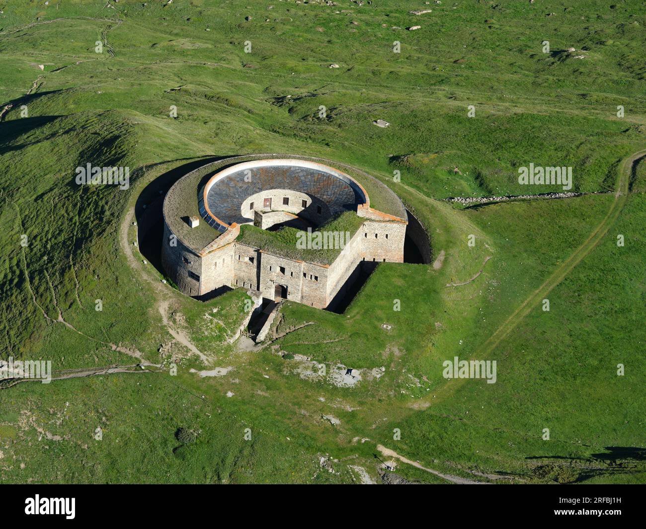 AERIAL VIEW. Fort de Ronce. Val-Cenis, Savoie, Auvergne-Rhône-Alpes, France. Stock Photo