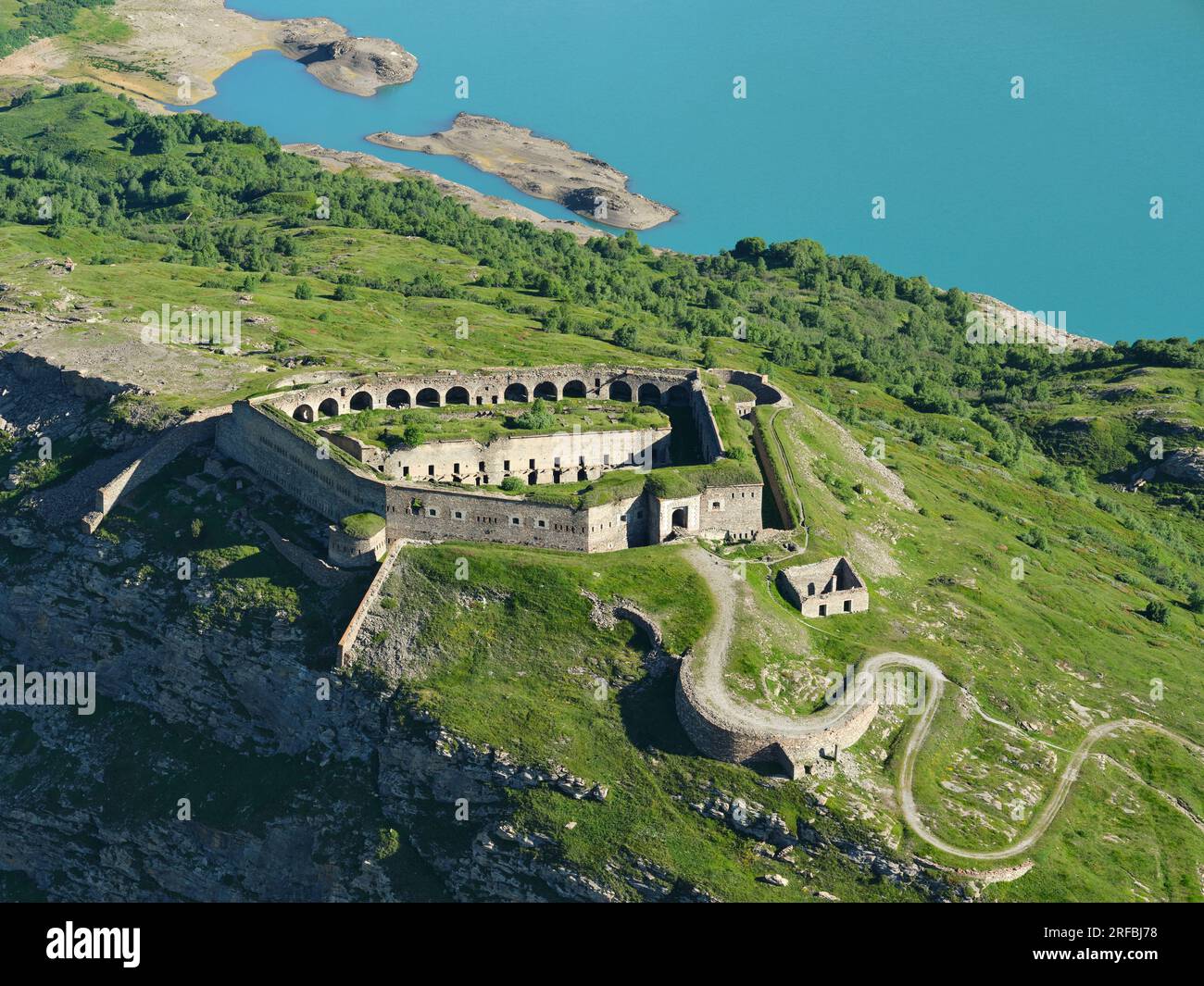 AERIAL VIEW. Variselle Fort (at 2085m asl). Built in the late 19th Century when the area was Italian (French after WWII). Mont-Cenis Pass, France. Stock Photo
