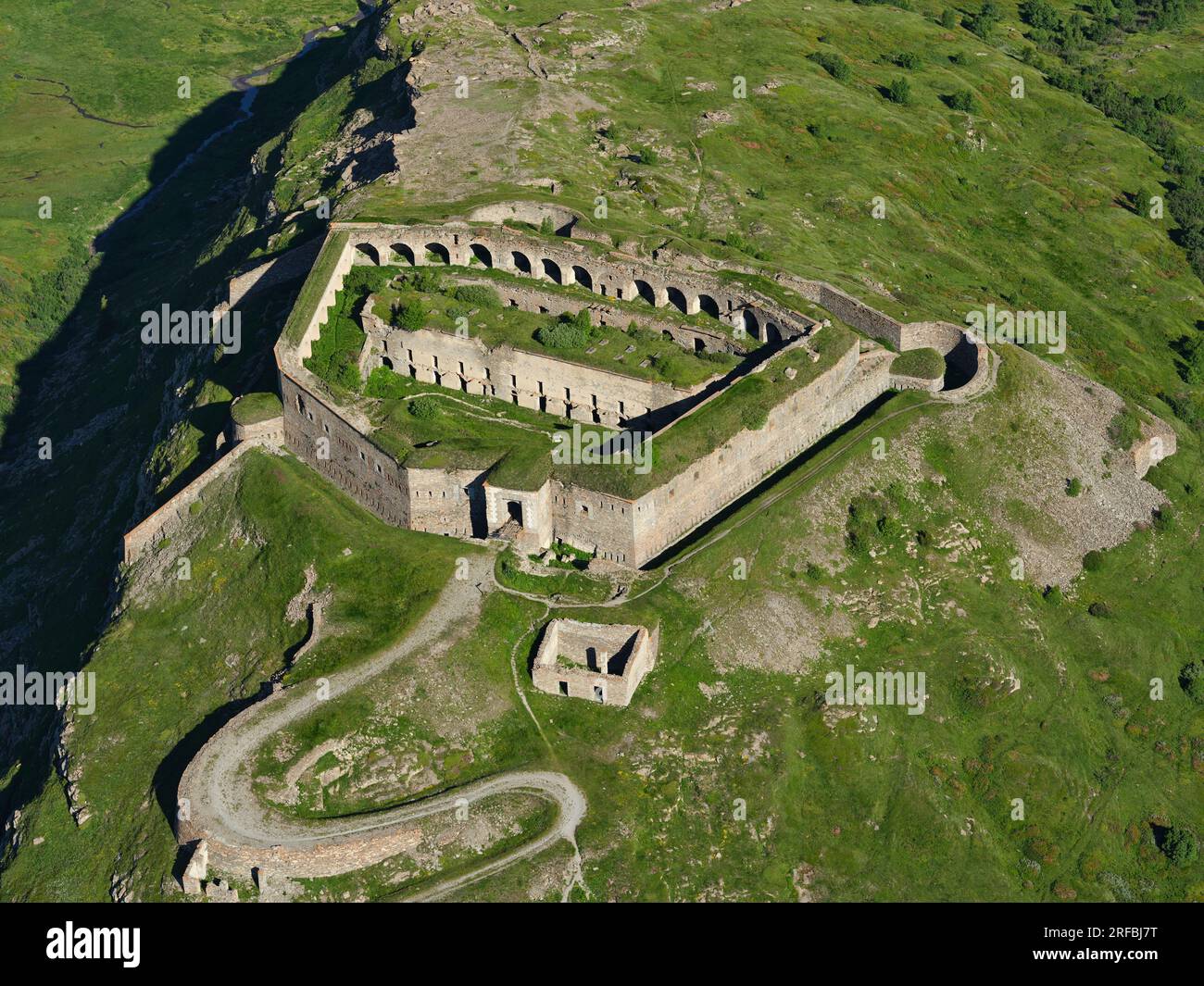 AERIAL VIEW. Variselle Fort (at 2118m asl). Built in the late 19th Century when the area was Italian (French after WWII). Mont-Cenis Pass, France. Stock Photo