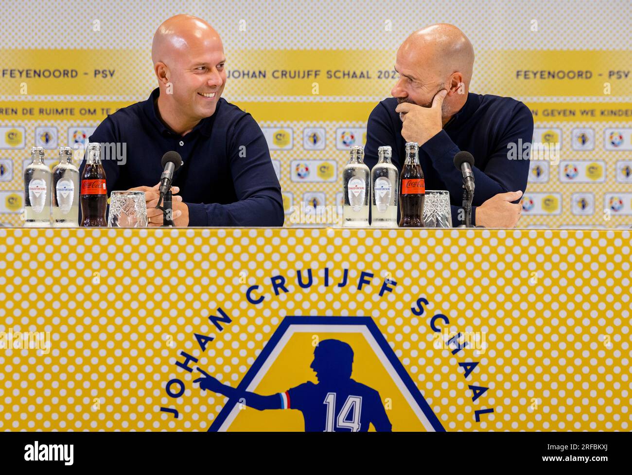ZEIST - Trainers Arne Slot (Feyenoord) and Peter Bosz (PSV) during the press conference leading up to the match for the Johan Cruijff Scale XXVII. ANP SEM VAN DER WAL Stock Photo