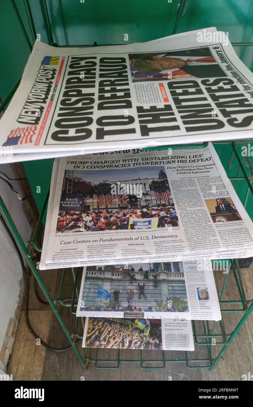 Randolph, Vermont, USA. 2nd Aug, 2023. At a gas station in rural Vermont, the front pages of the American national newspapers all lead with the indictment of Donald Trump for his actions in seeking to deny the result of the 2020 presidential election. Credit: Anna Watson/Alamy Live News Stock Photo