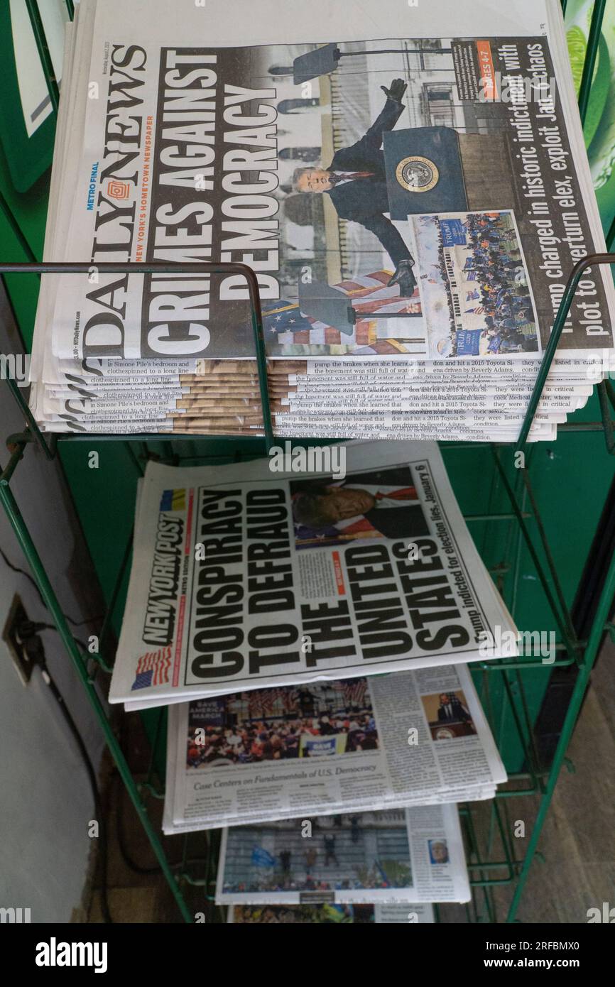 Randolph, Vermont, USA. 2nd Aug, 2023. At a gas station in rural Vermont, the front pages of the American national newspapers all lead with the indictment of Donald Trump for his actions in seeking to deny the result of the 2020 presidential election. Credit: Anna Watson/Alamy Live News Stock Photo