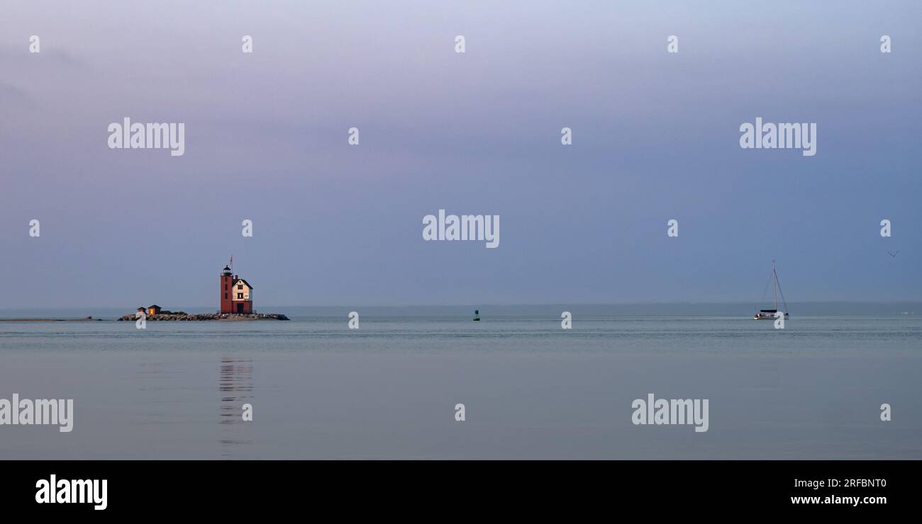 Round Island Passage Lighthouse, from Mackinac Island, Lake Huron, Michigan. Stock Photo