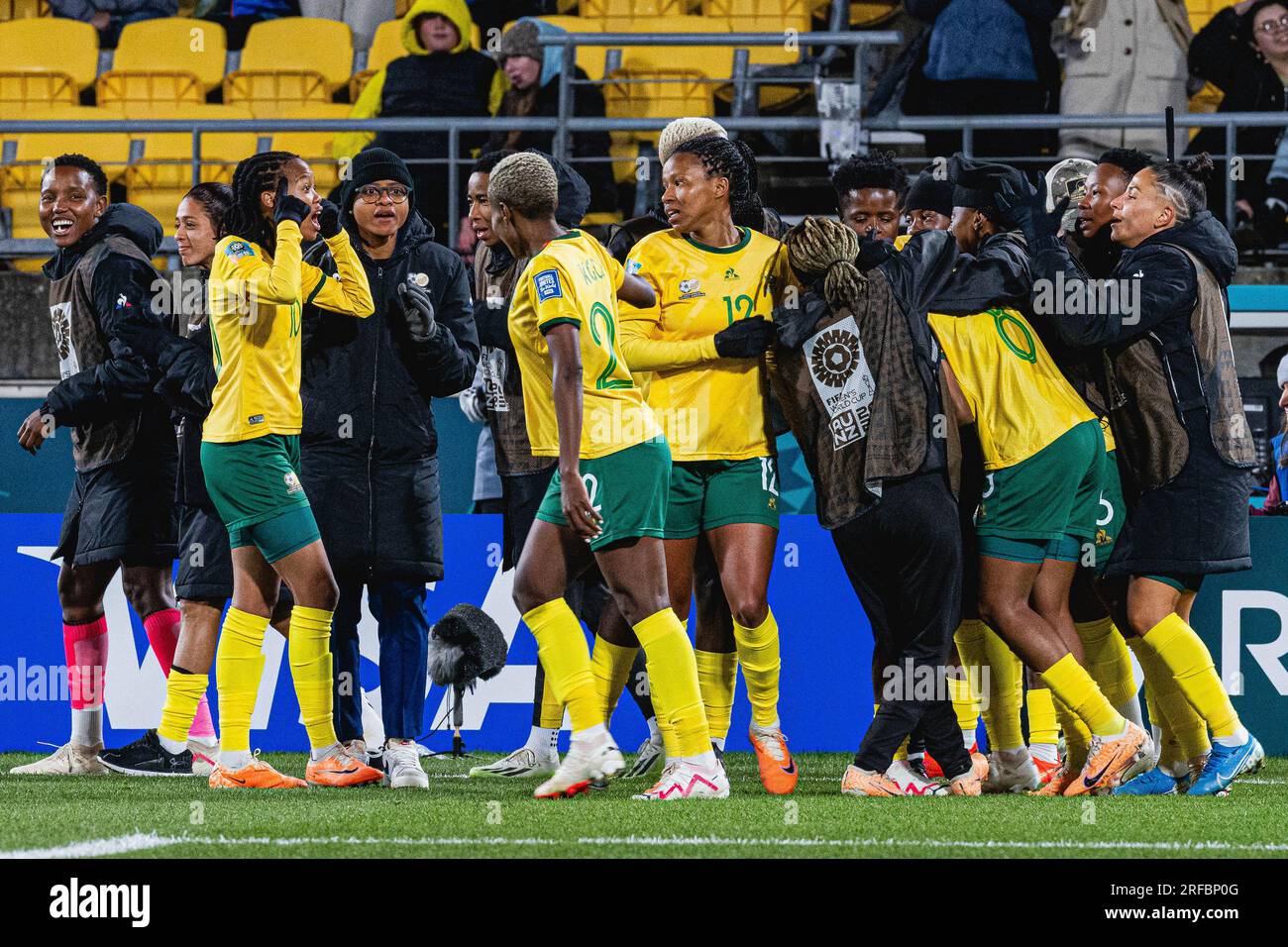 Wellington, Wellington, New Zealand. 2nd August, 2023. South Africa celebrate after beating Italy 3-2 to reach the last sixteen after the 2023 FIFA Womens World Cup Group G match between South Africa and Italy at the Wellington Regional Stadium in Wellington, New Zealand (Credit Image: ©James Foy/Alamy Live News) Stock Photo