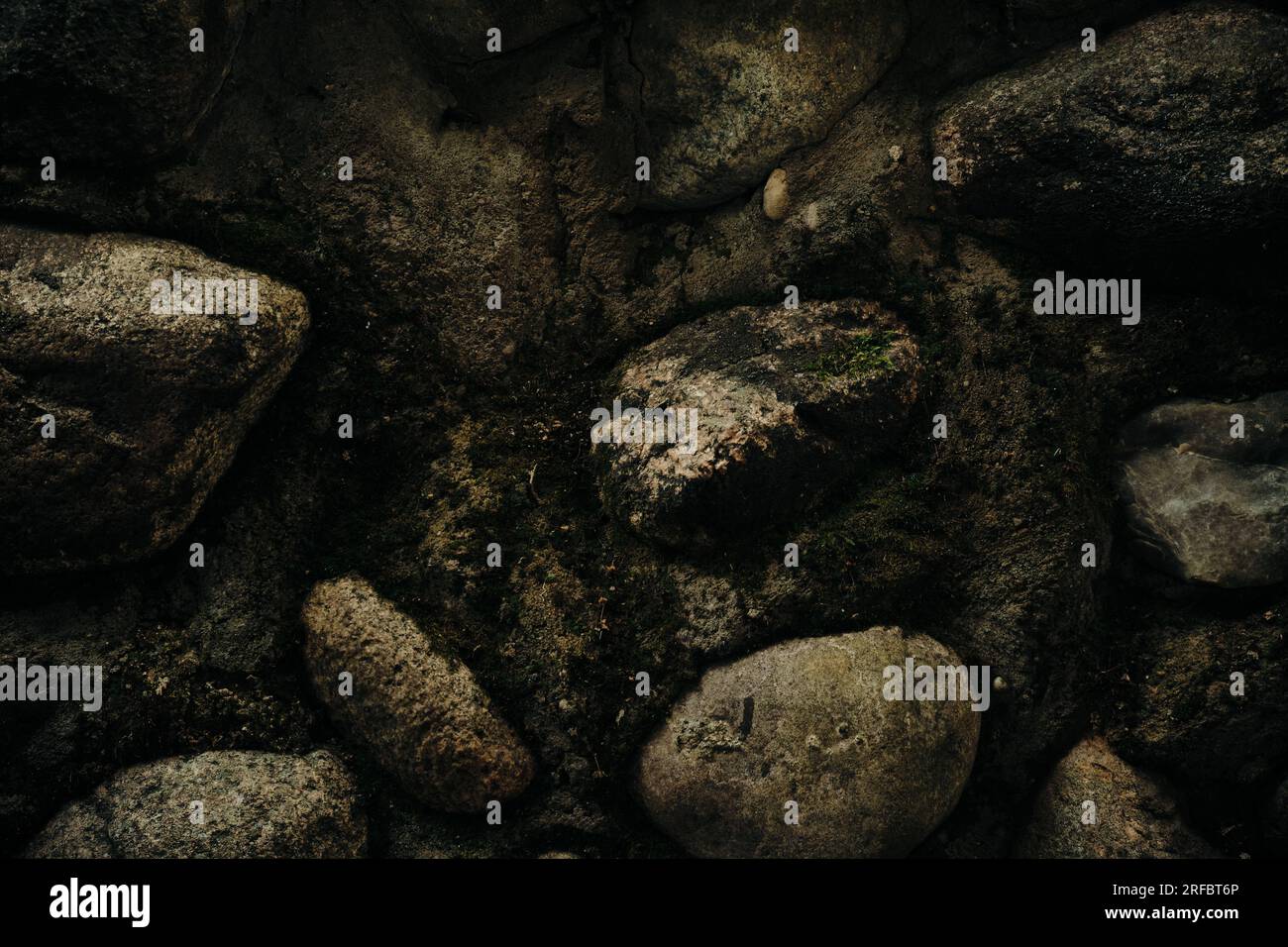Massive wall background with green plants Mossy rustic stone texture ...