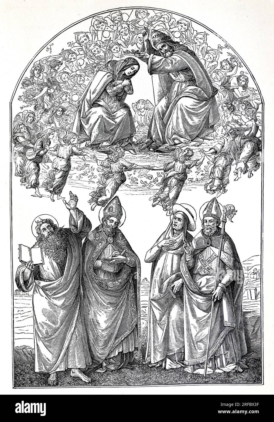 The Virgin Mary Crowned by the Father Eternal from a painting by Boticelli, published in The Lives of the Saints by Sabin Baring-Gould. Stock Photo