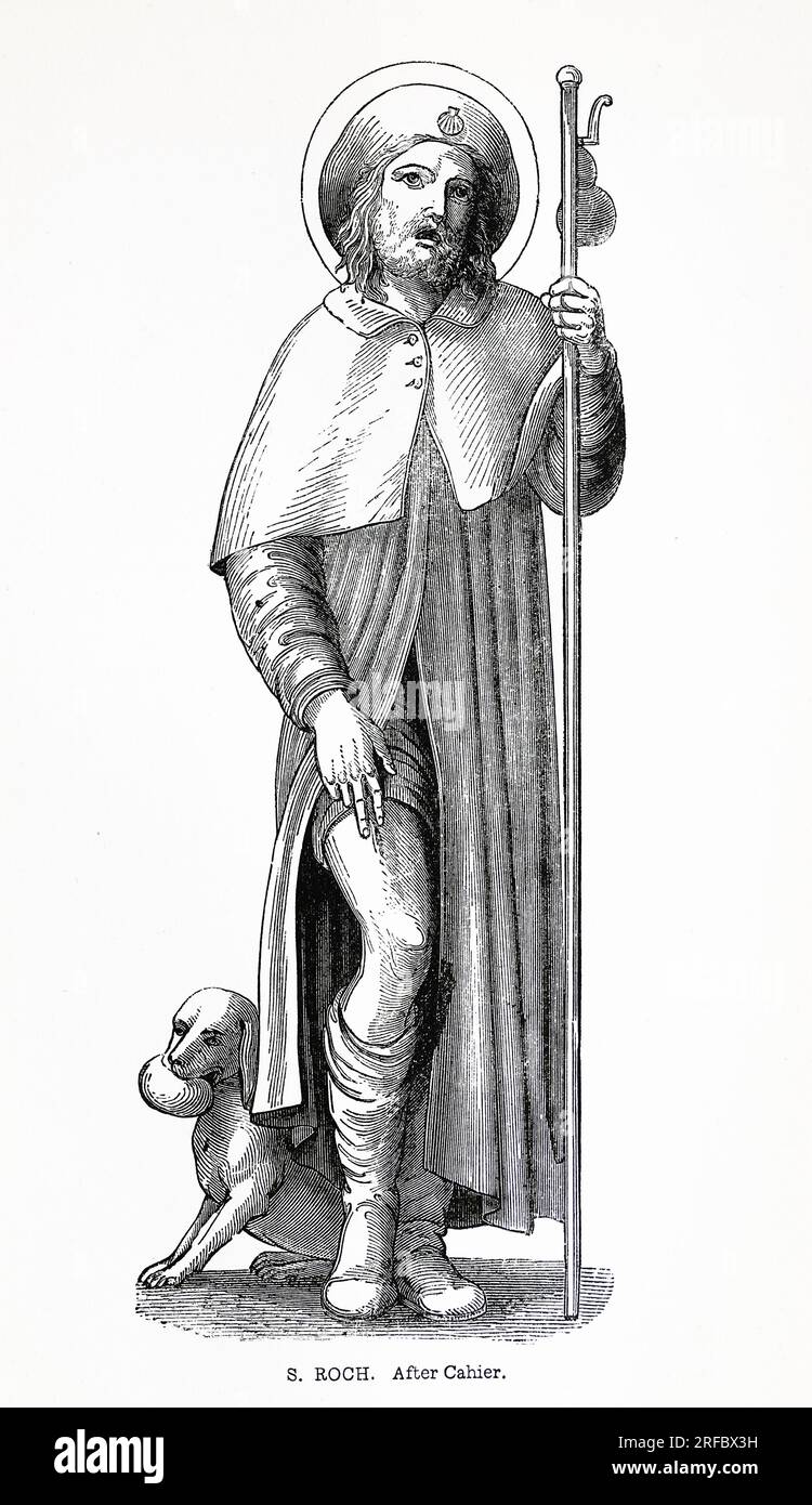 Saint Roch (Rock in English), a Majorcan Saint of the 14th century. He is depicted here, as is traditional in pilgrim's gard. He is patron saint of dogs, invalids, falsely accused people, and bachelors.  Engraving from Lives of the Saints by Sabin Baring-Gould. Stock Photo