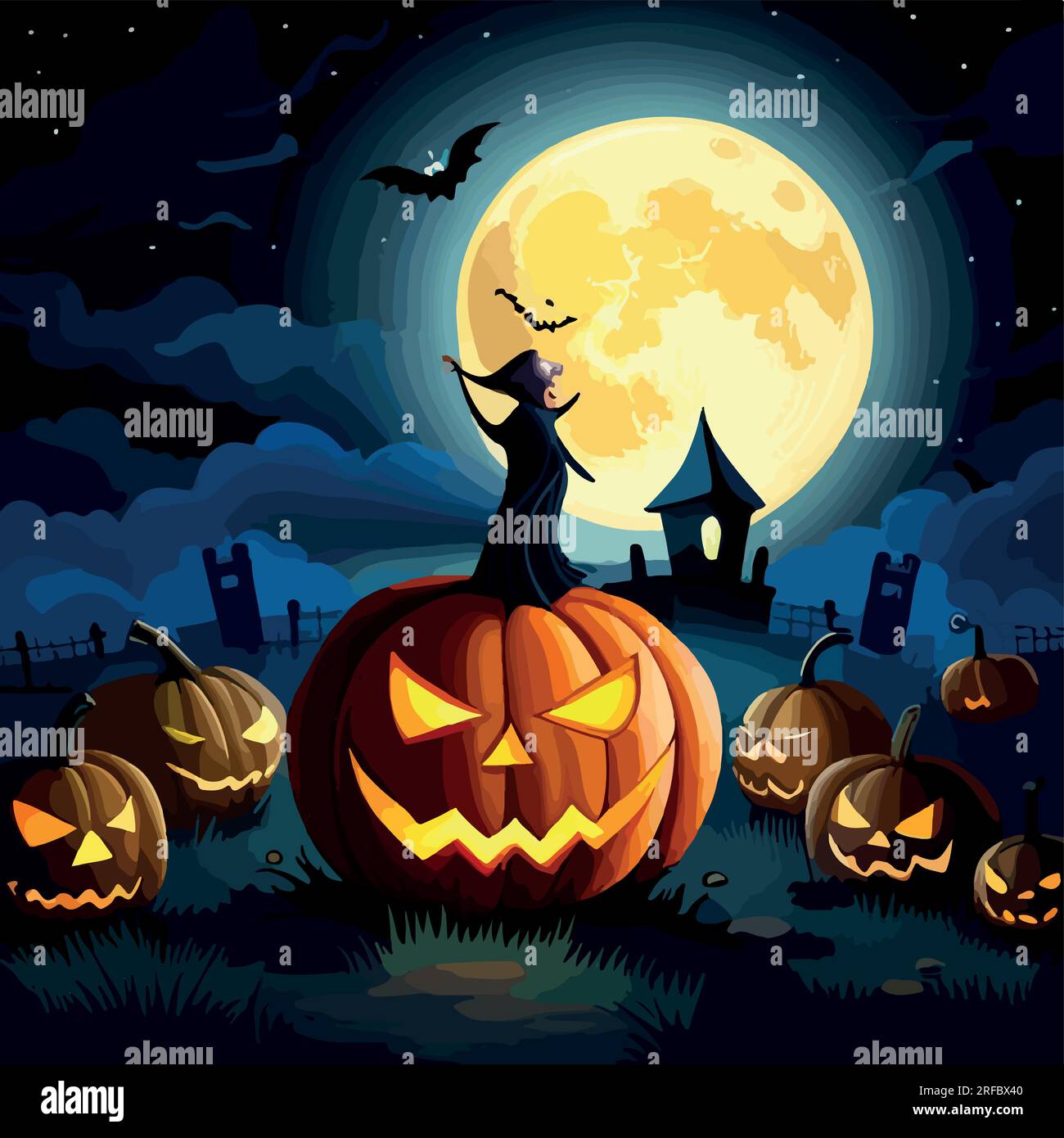 Cemetery and pumpkins. Halloween background with bats and trees