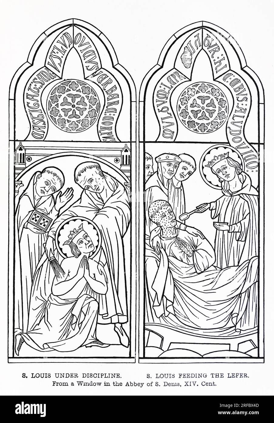 King Louis IX of France (Saint Louis) under discipline and feeding the leper, from a 14th century stained glass window in the Abbey of St Denis. Engraving from Lives of the Saints by Sabin Baring-Gould. Stock Photo