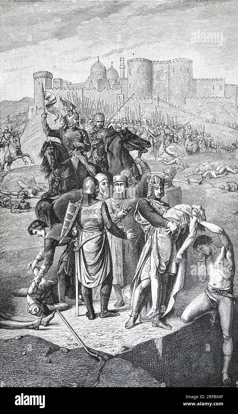 King Louis IX of France (Saint Louis) burying the decomposed bodies Crusaders. From a mural painting by L. Matout at St Sulpice, Paris.  Engraving from Lives of the Saints by Sabin Baring-Gould. Stock Photo