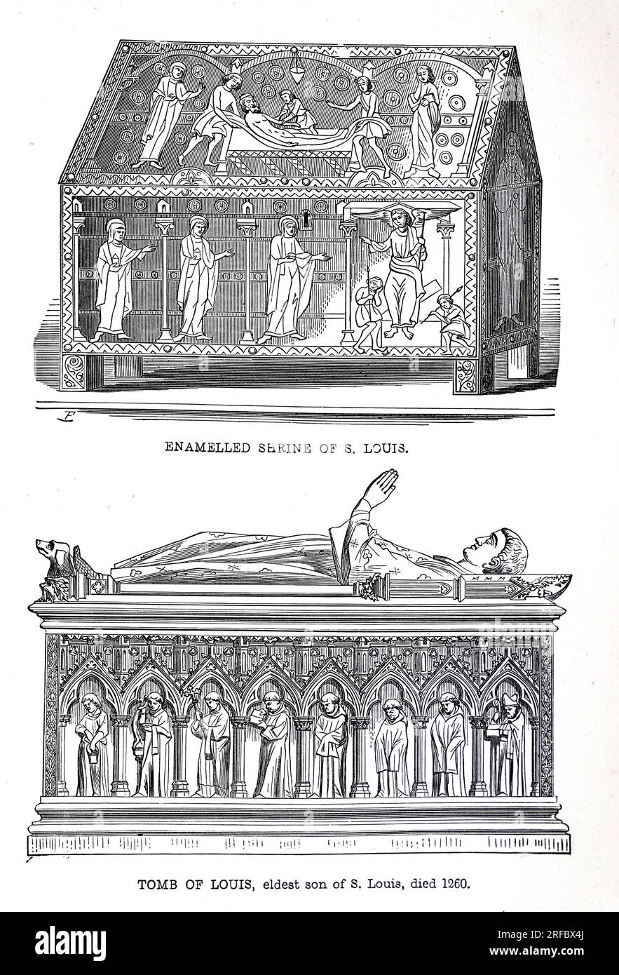 Enamelled shrine of King Louis IX (St Louis) and the tomb of his son in St Denis Basilica, St Denis, France. Engraving from Lives of the Saints by Sabin Baring-Gould. Stock Photo