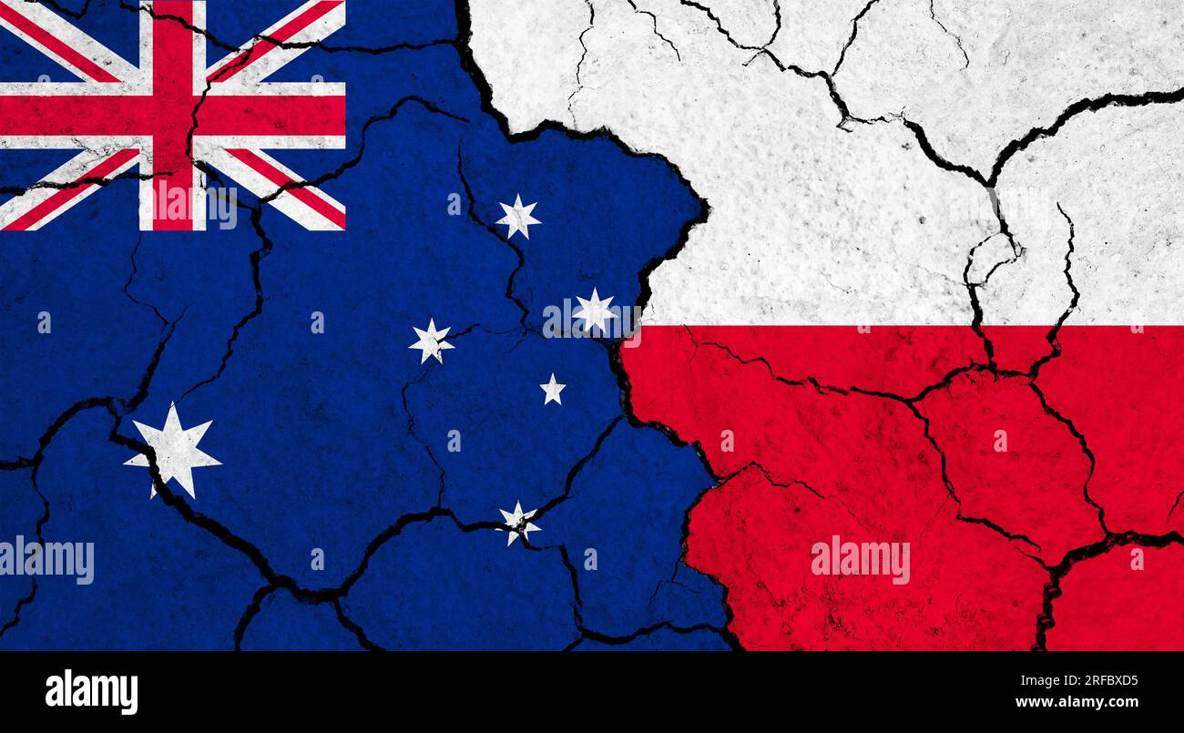 Flags of Australia and Poland on cracked surface - politics ...